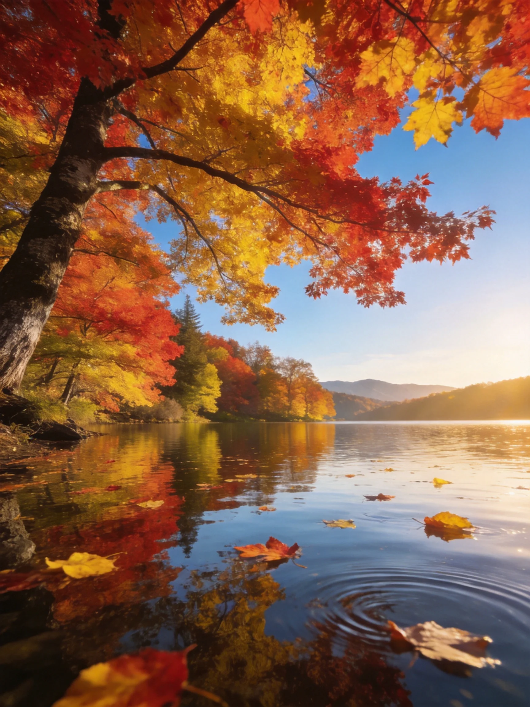 Autumns vibrant foliage frames a serene lake with red, orange, and yellow leaves