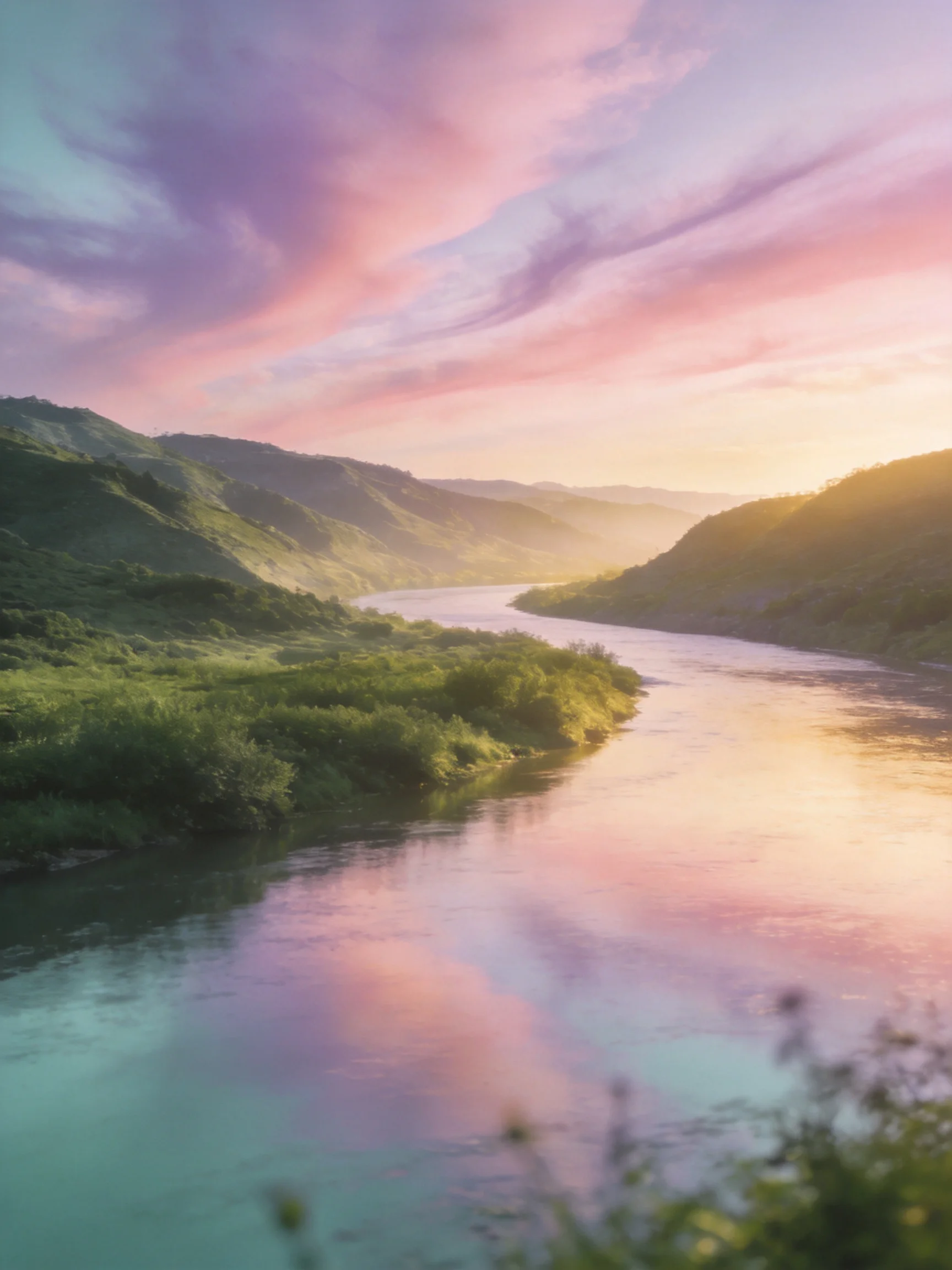 Awinding river reflects pink-purple skies amidst lush green hills