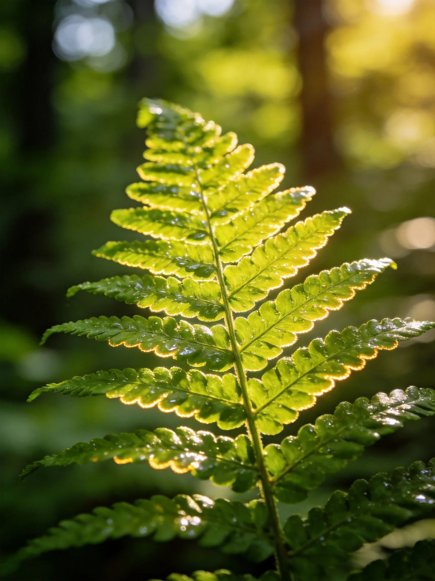 Backlit Fern Frond with Glistening Green Foliage in Sun-dappled Forest
