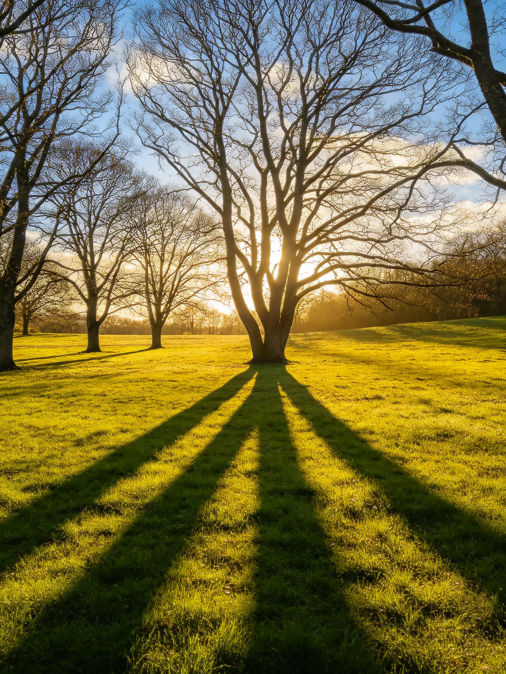 Bare-branched trees cast long shadows over a sunlit green meadow
