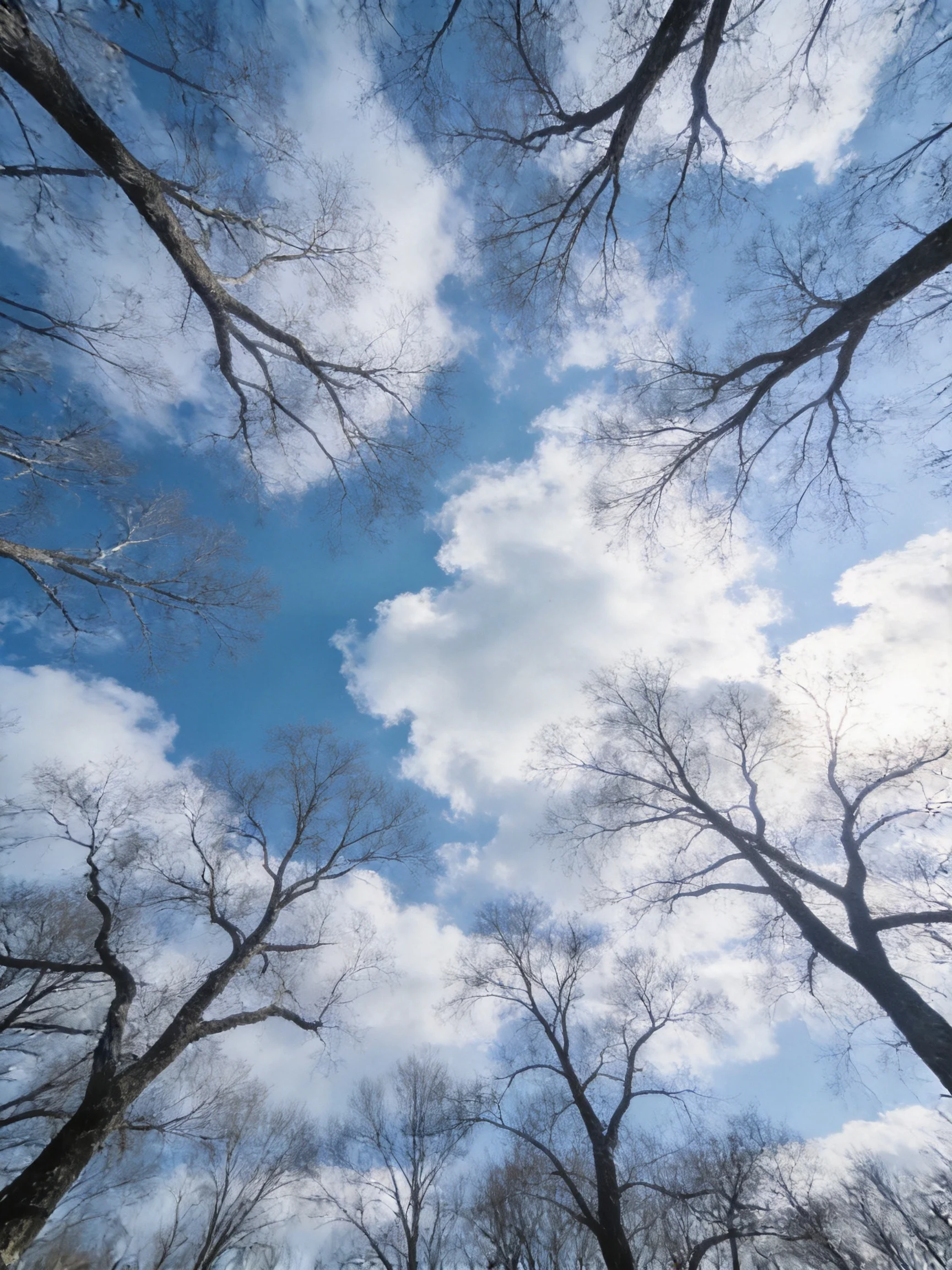 Bare tree branches stretch toward a vivid blue sky with fluffy clouds
