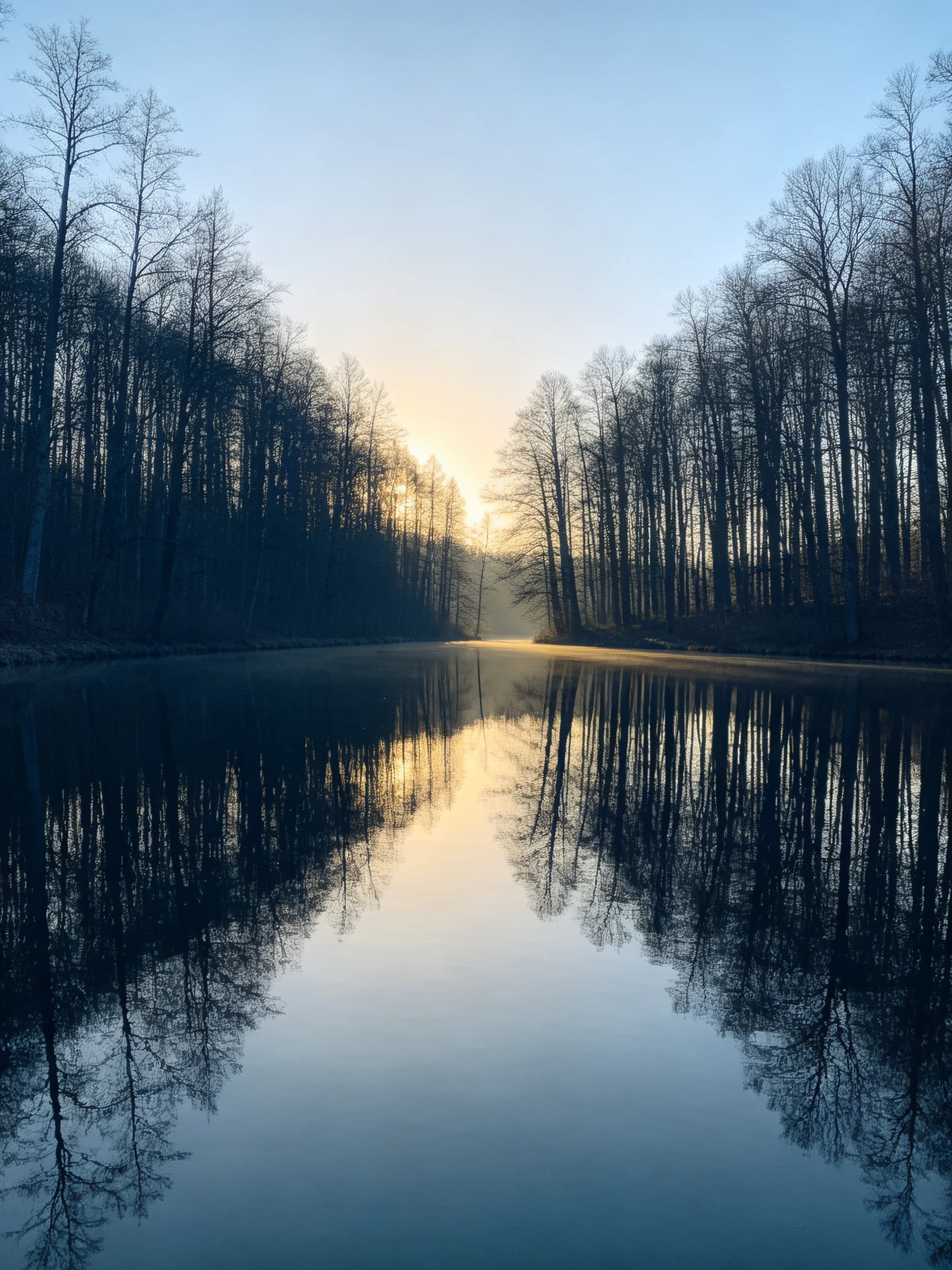 Bare trees reflect off a calm river under golden morning light