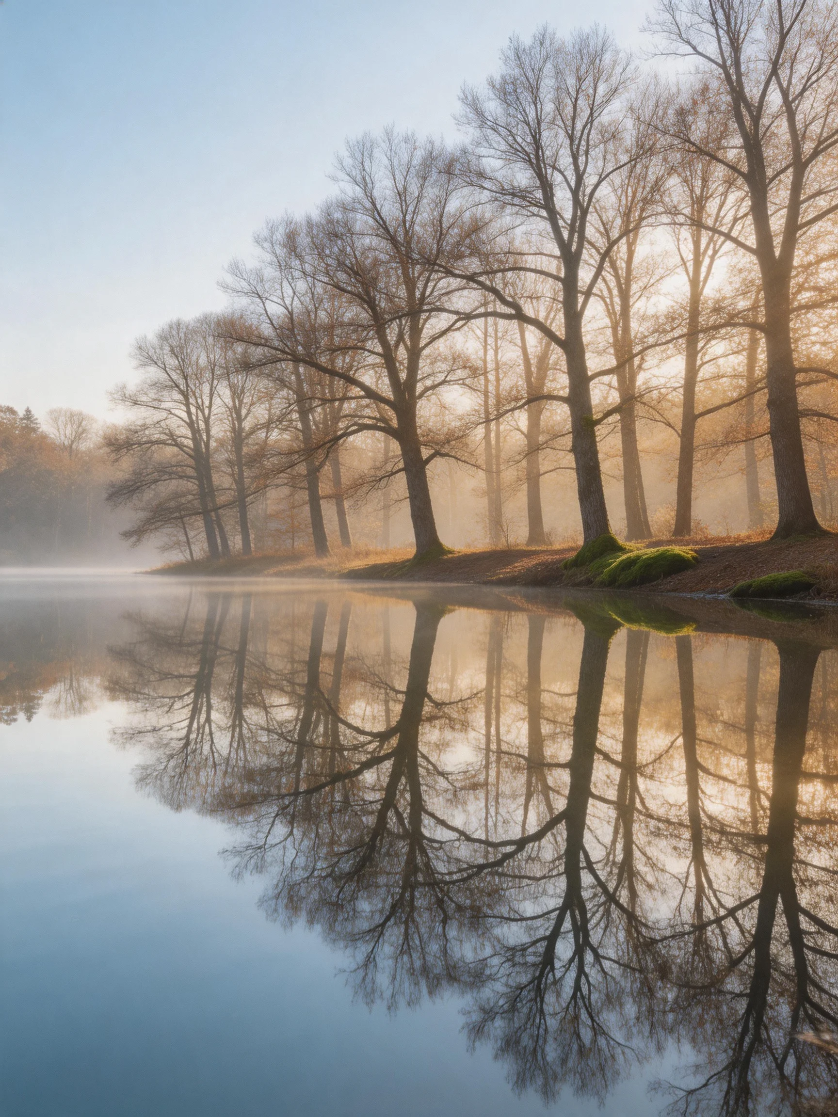 Bare trees reflected in calm lake waters amid morning mist