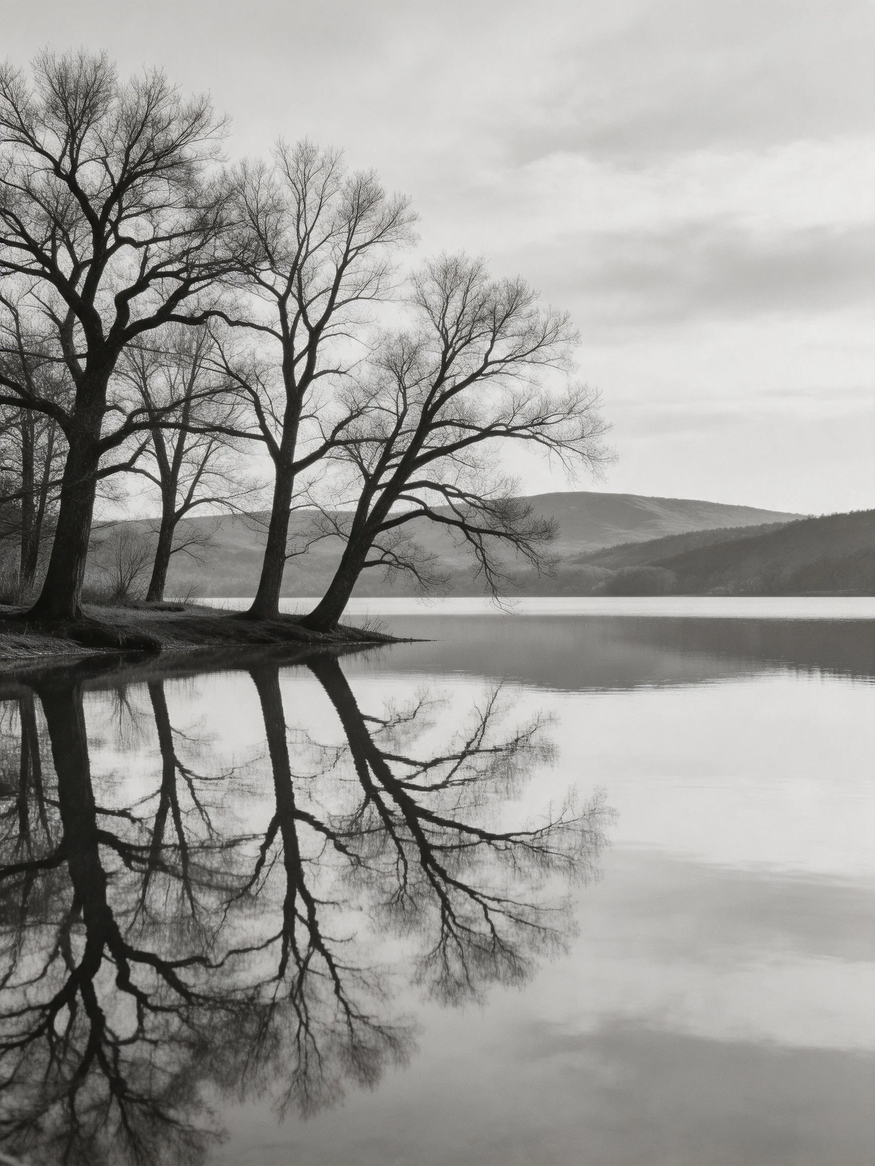 Bare trees reflected in calm lake waters near rolling hills