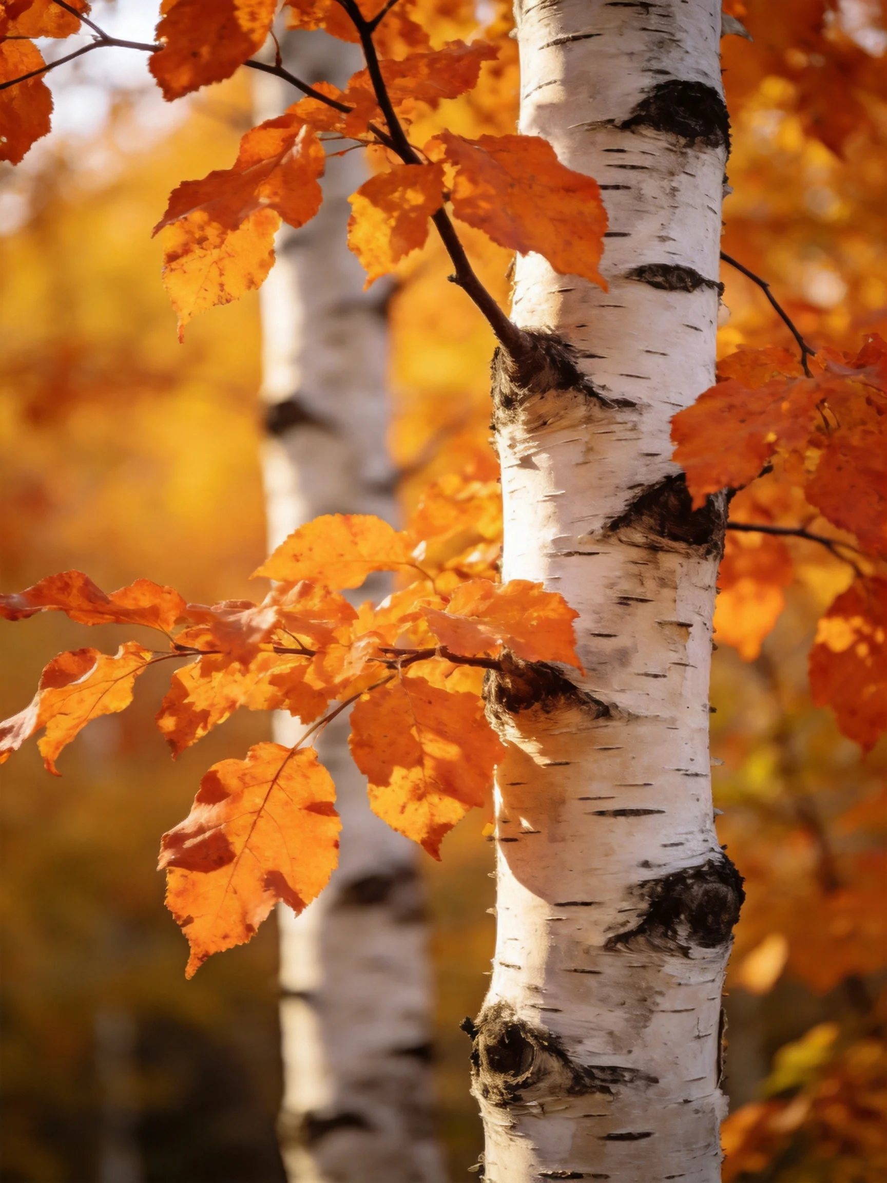 Birch trees with bright orange autumn foliage