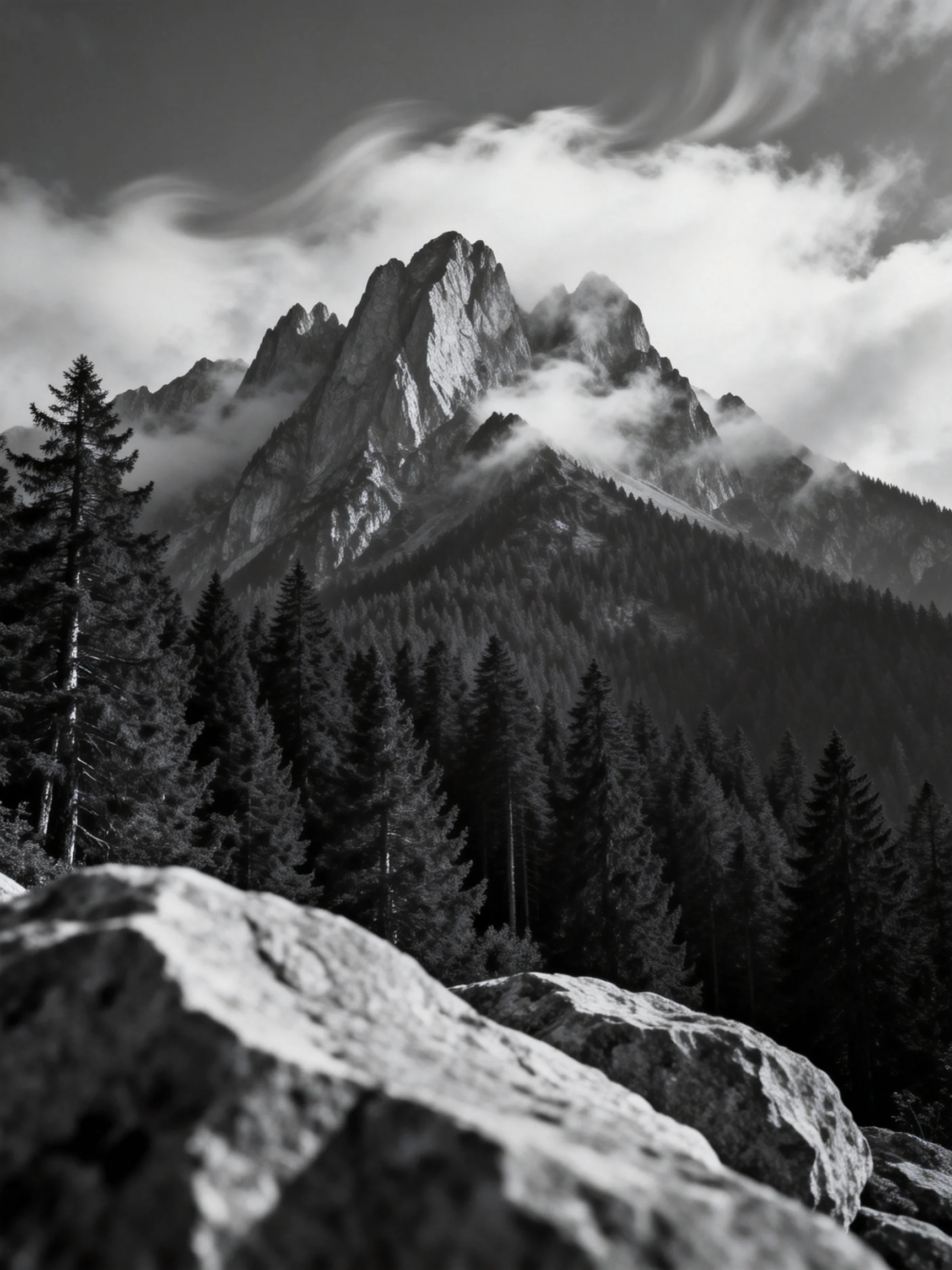 Black and White Mountain Peaks with Dense Pine Forests