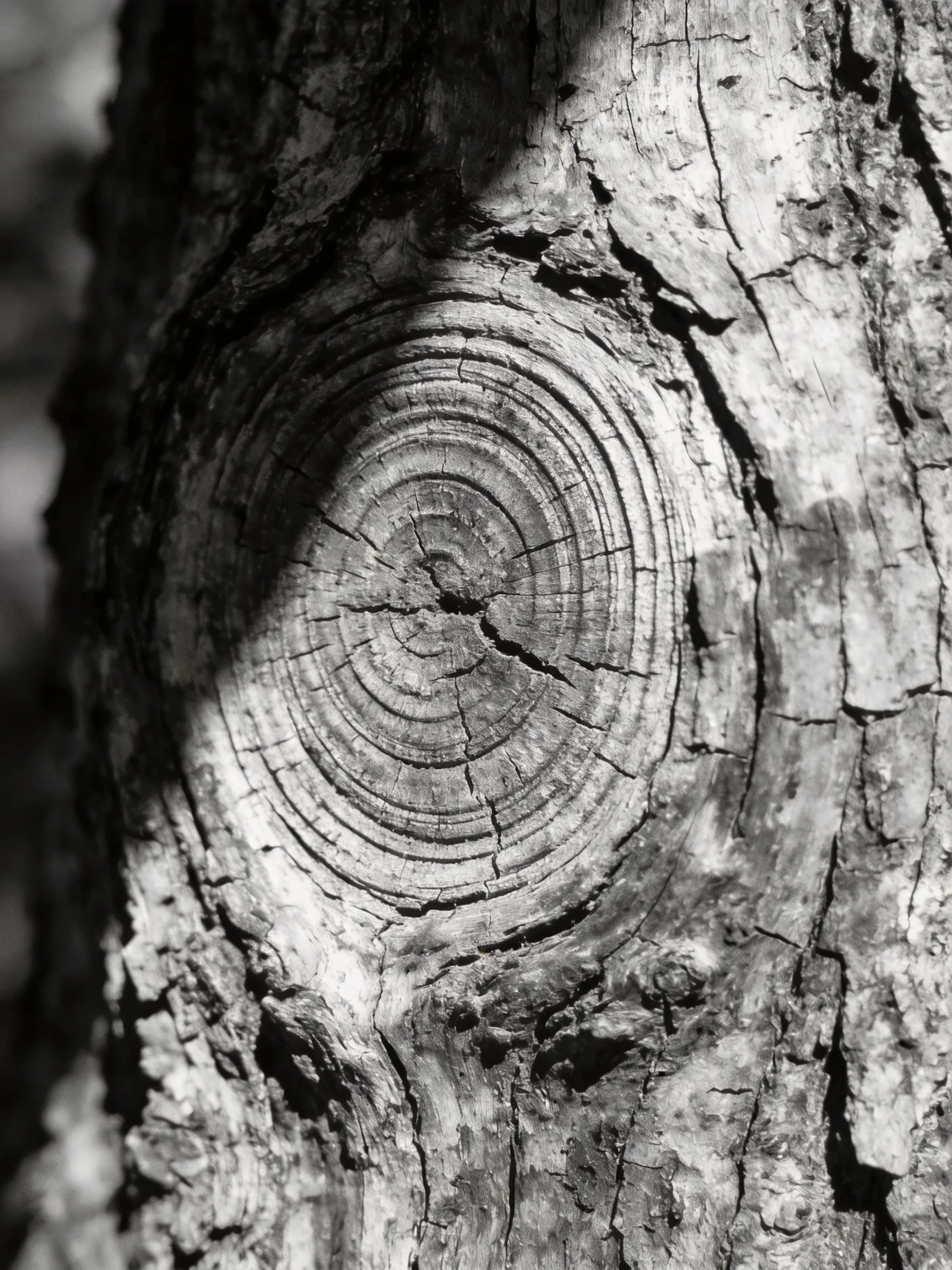 Black-and-white close-up of an aged tree trunk with prominent growth rings