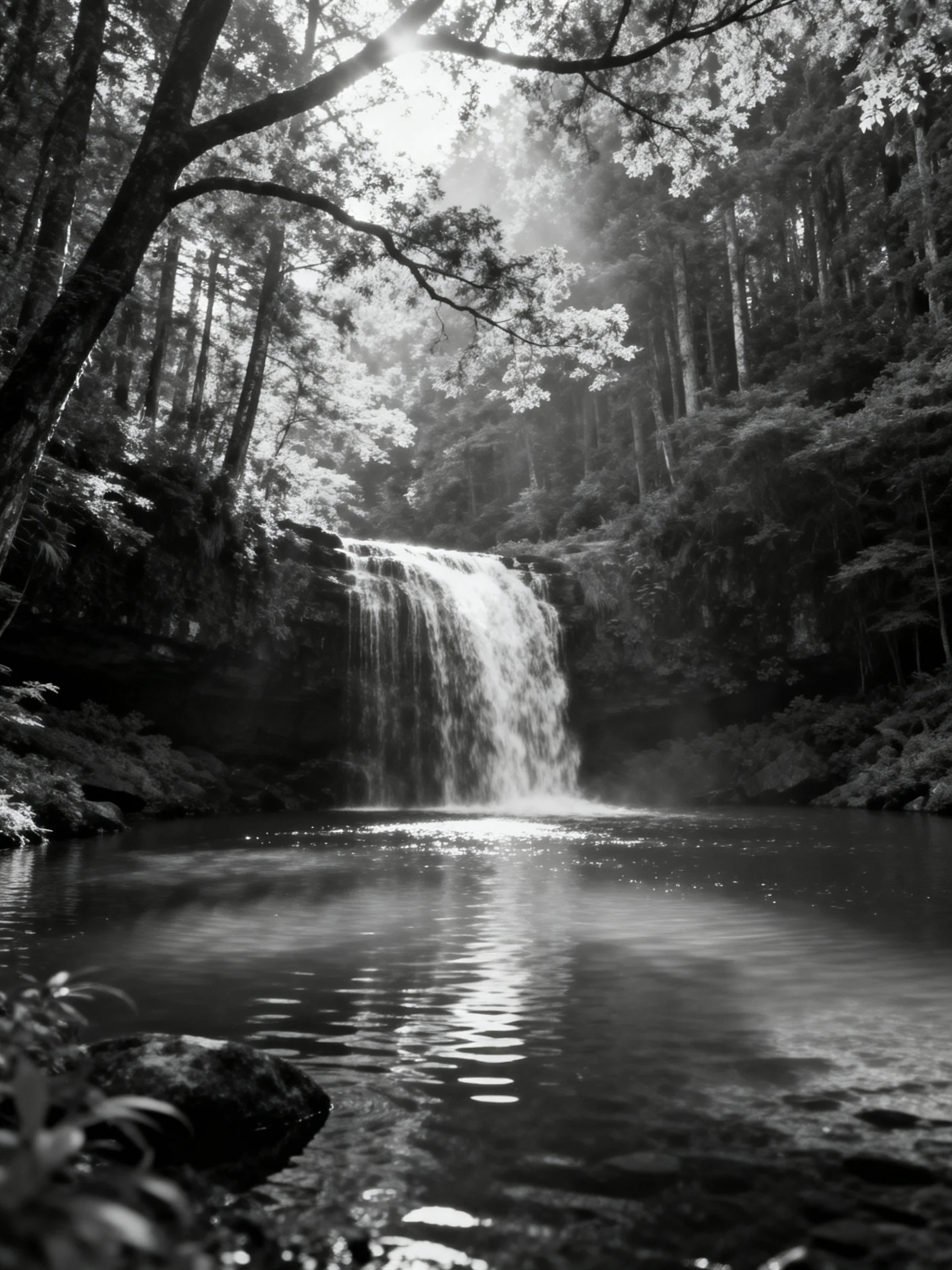 Black-and-white forest waterfall with rocky cliffs