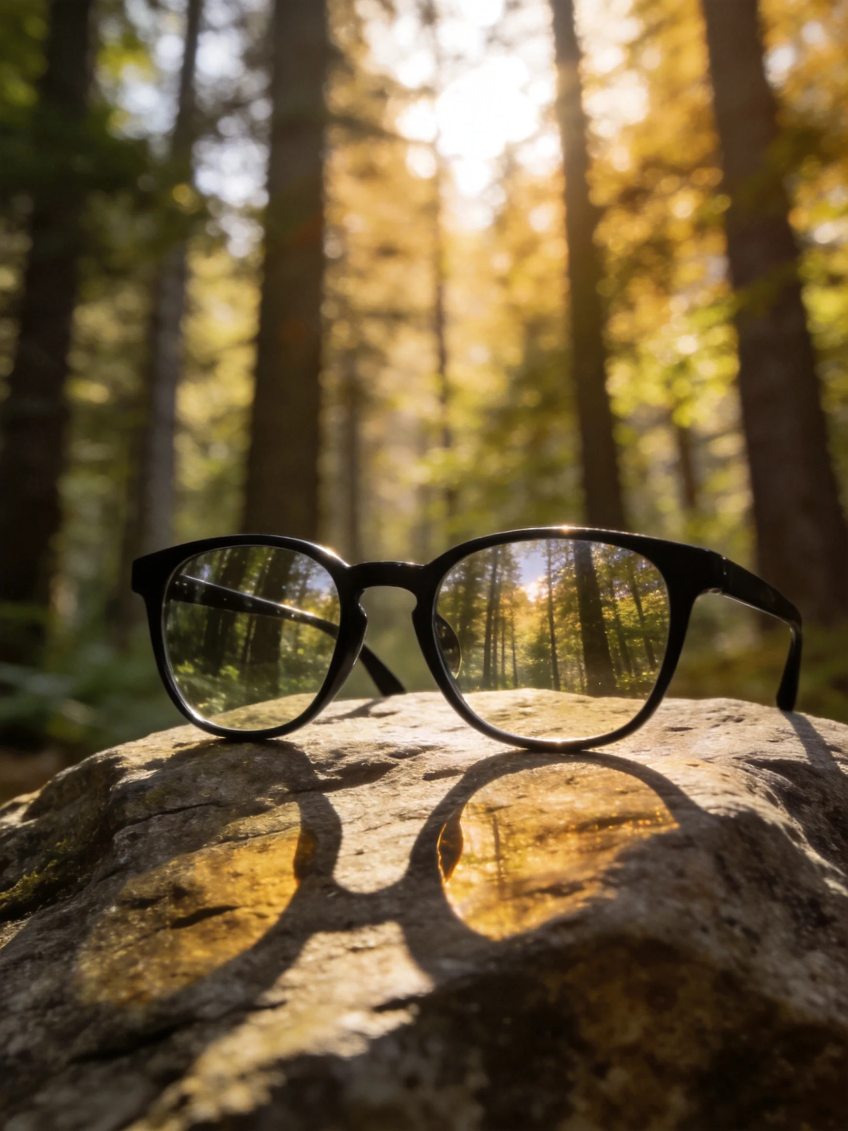 Black eyeglasses rest on a mossy rock in sun-dappled forest
