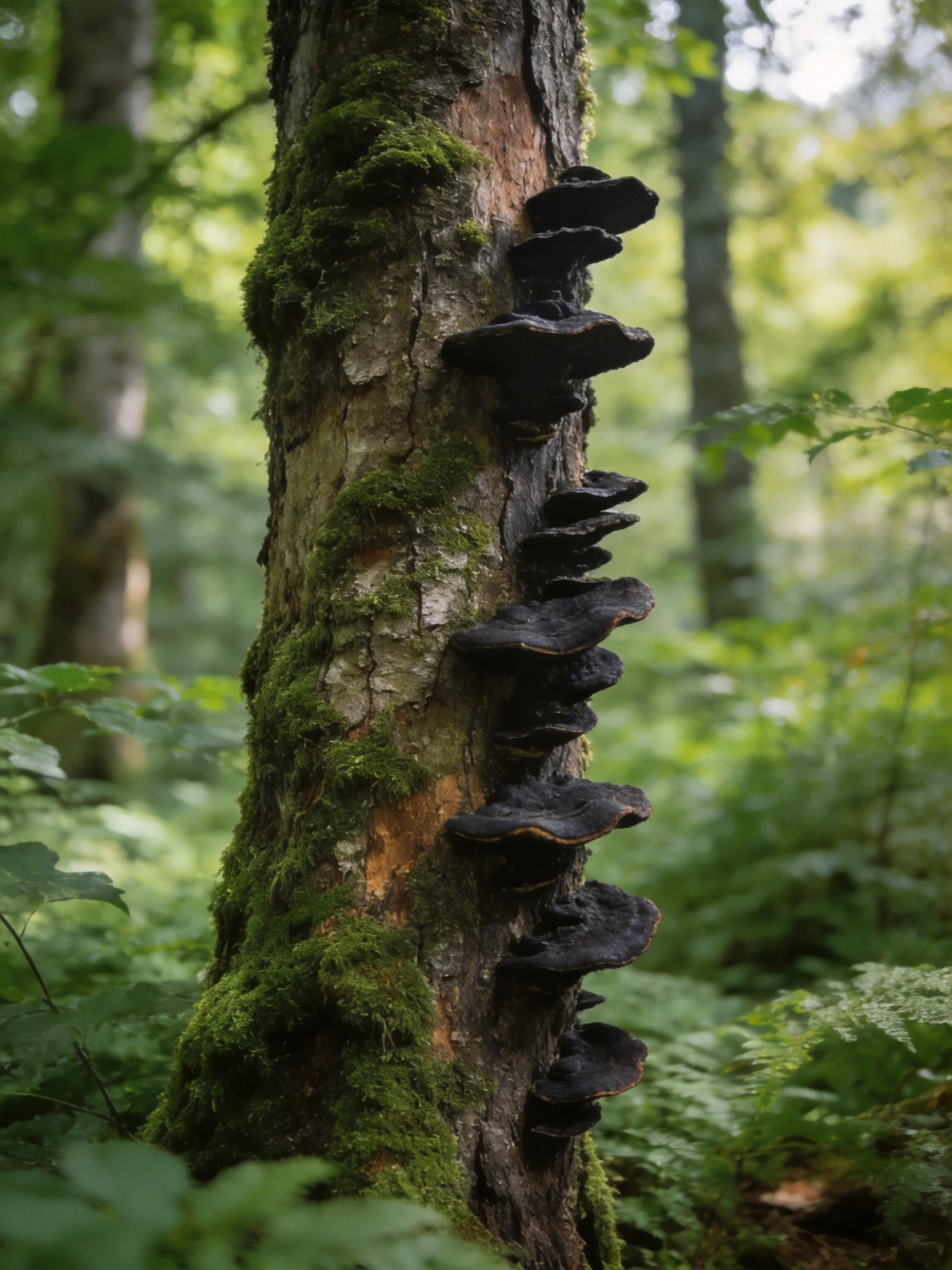 Black fungi cluster on a moss - covered tree trunk in a lush forest
