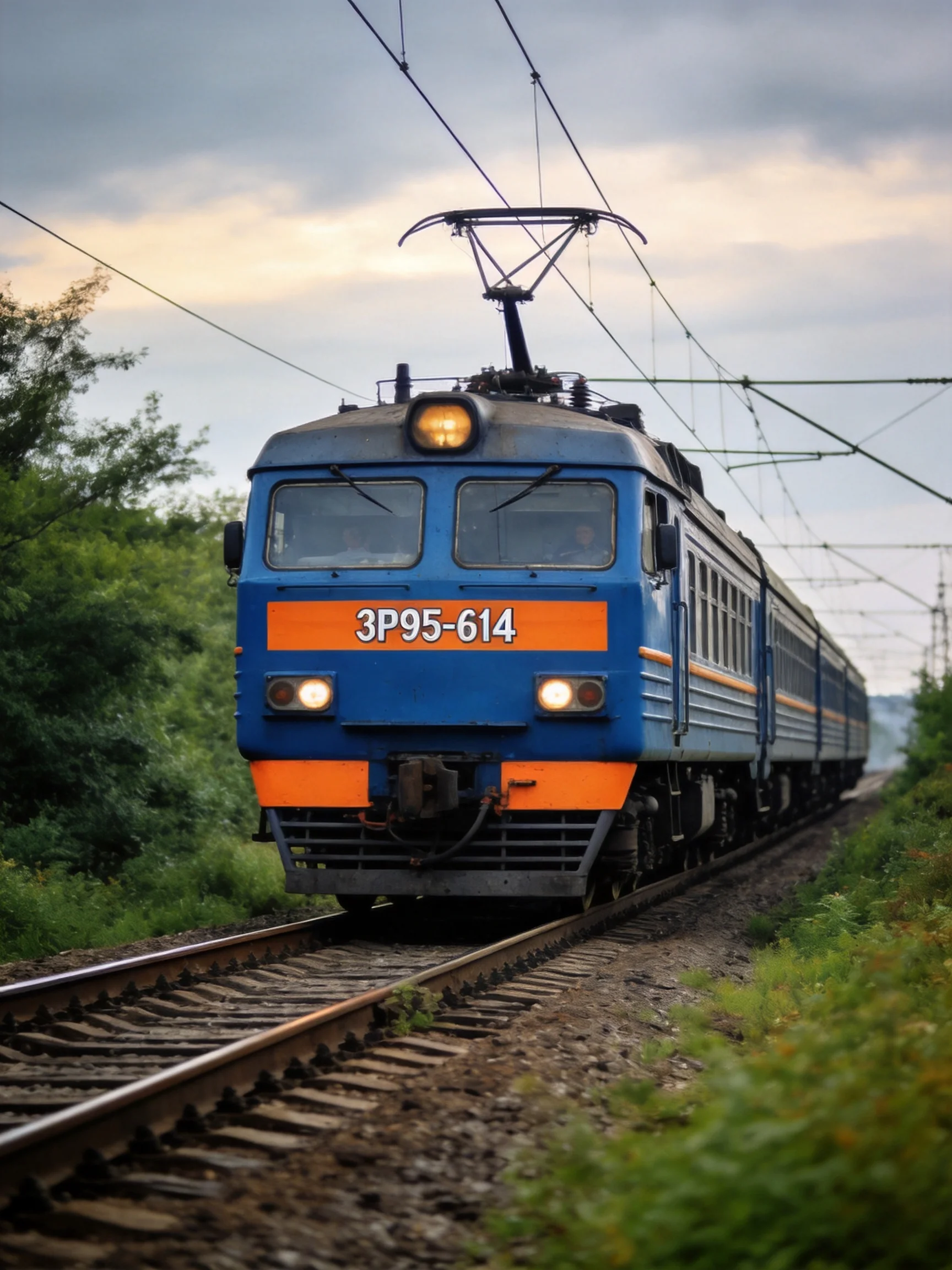 Blue electric locomotive traveling along railway tracks near greenery