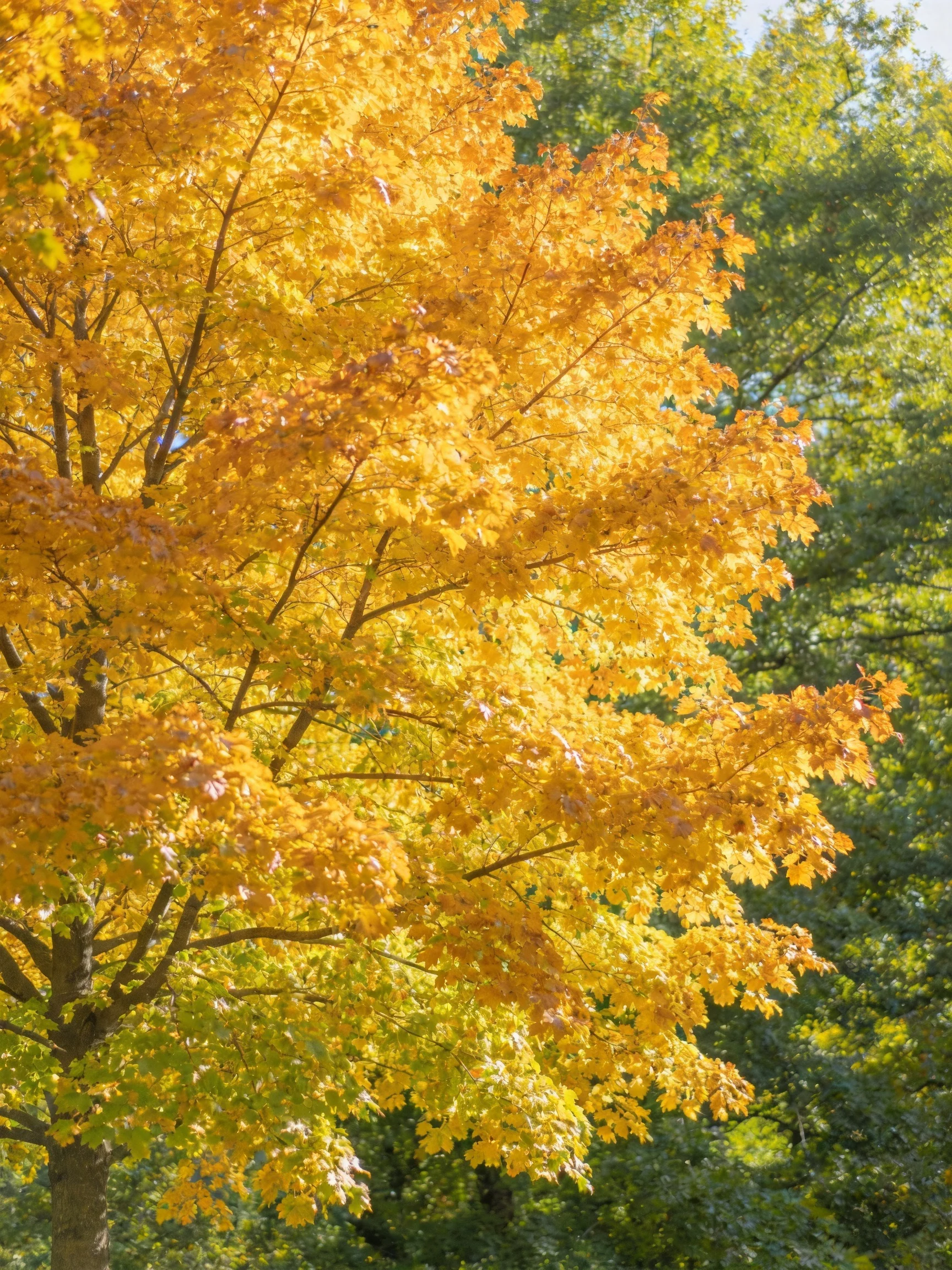 Bright golden maple leaves contrast with dense green trees