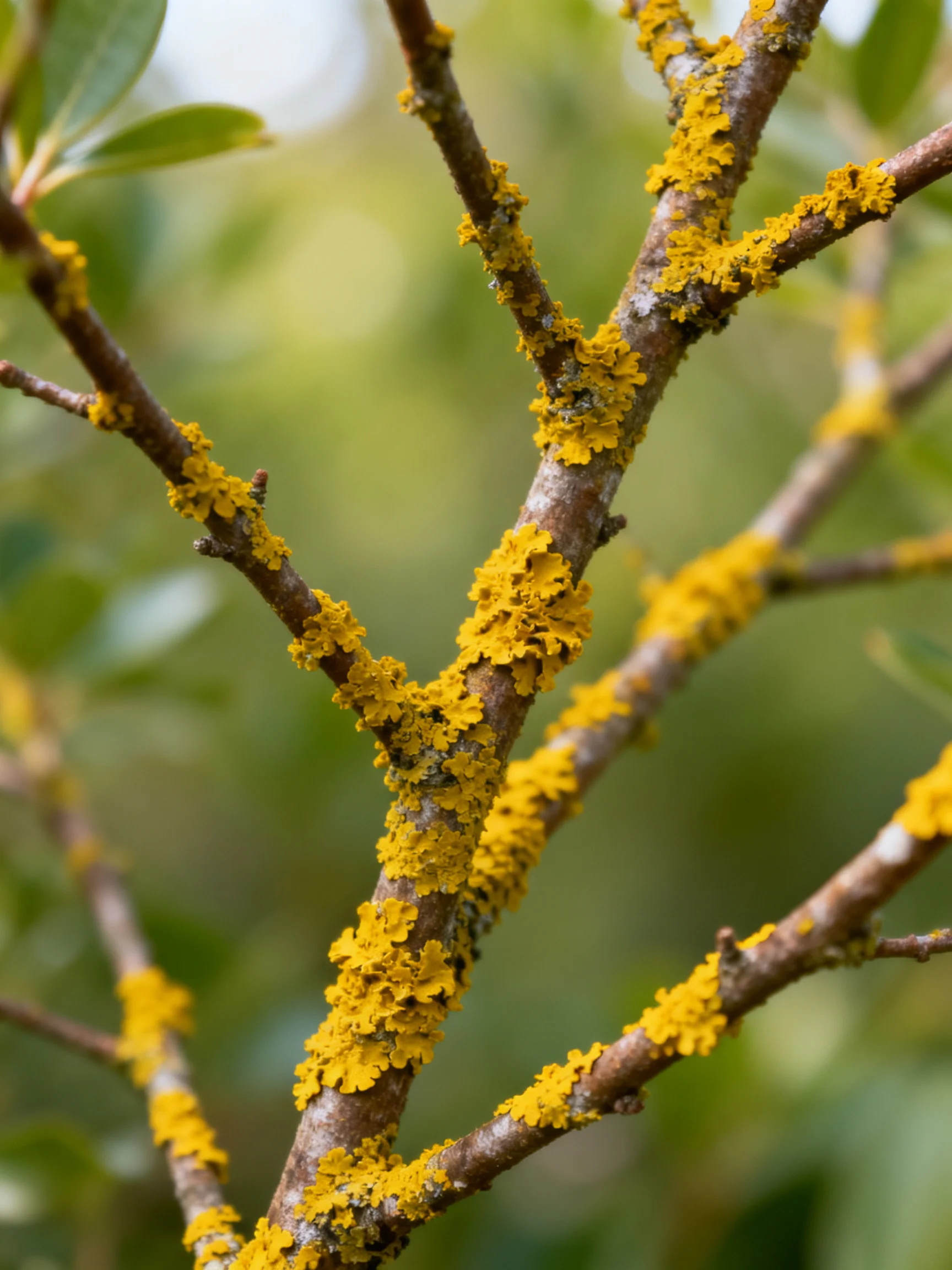 Bright yellow lichen covers brown tree branches among green foliage