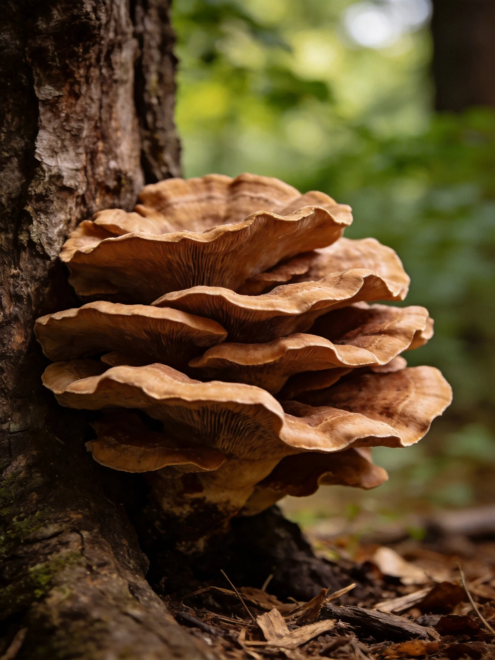 Brown layered fungi cluster on a weathered tree trunk in a lush forest setting