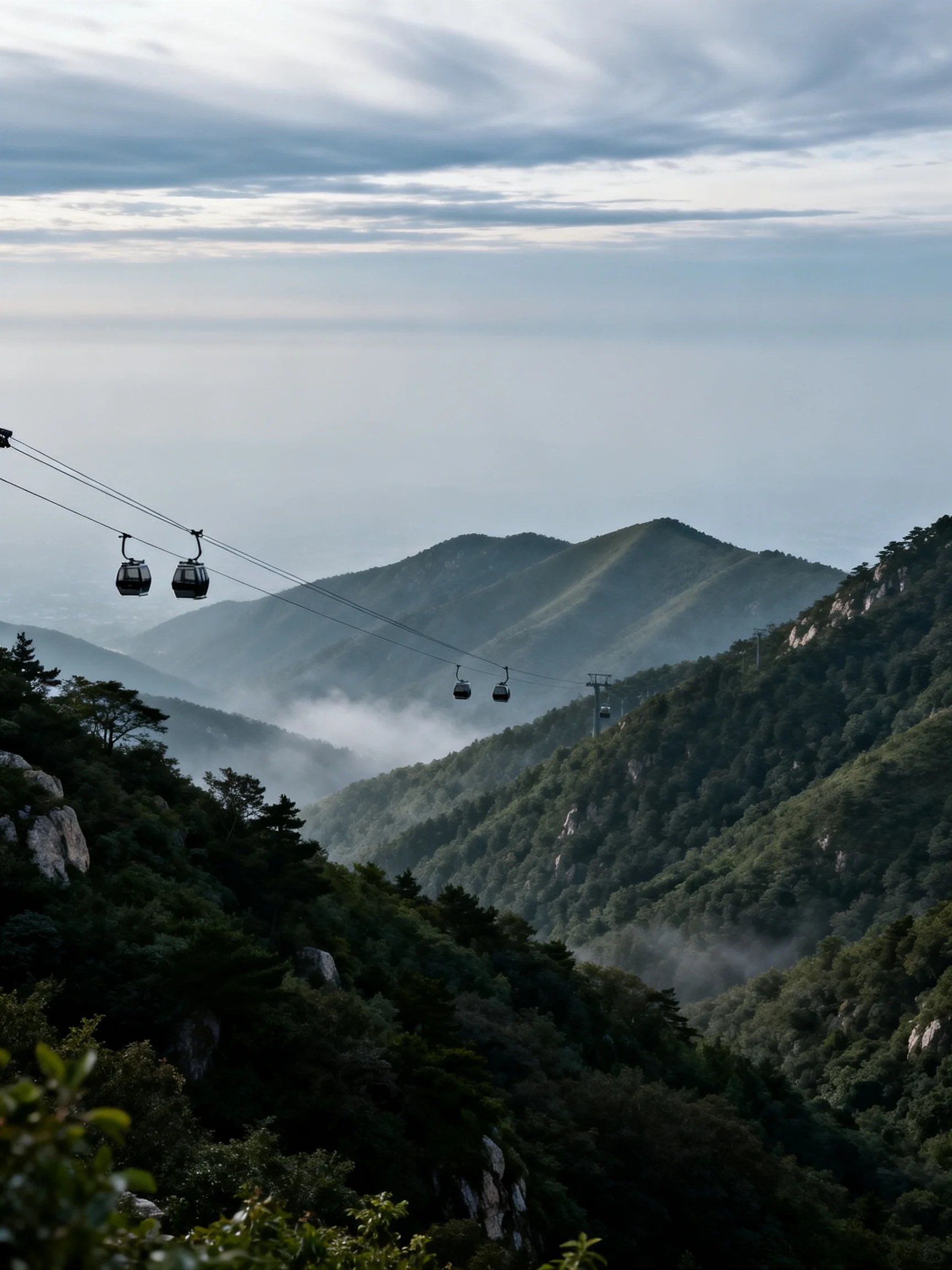Cable Cars Over Mist-Covered Mountain Valleys