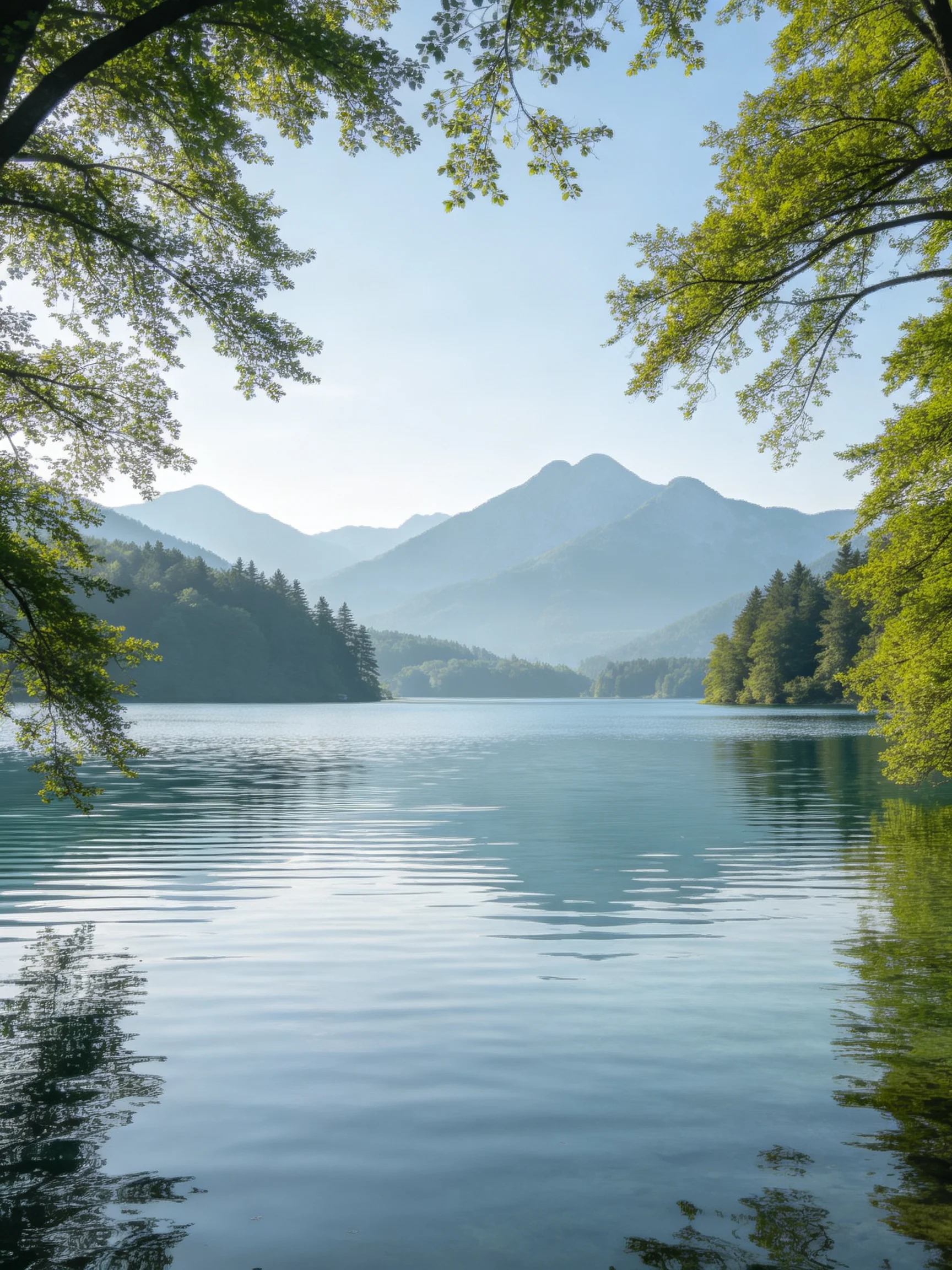 Calm lake reflecting misty mountains with lush trees