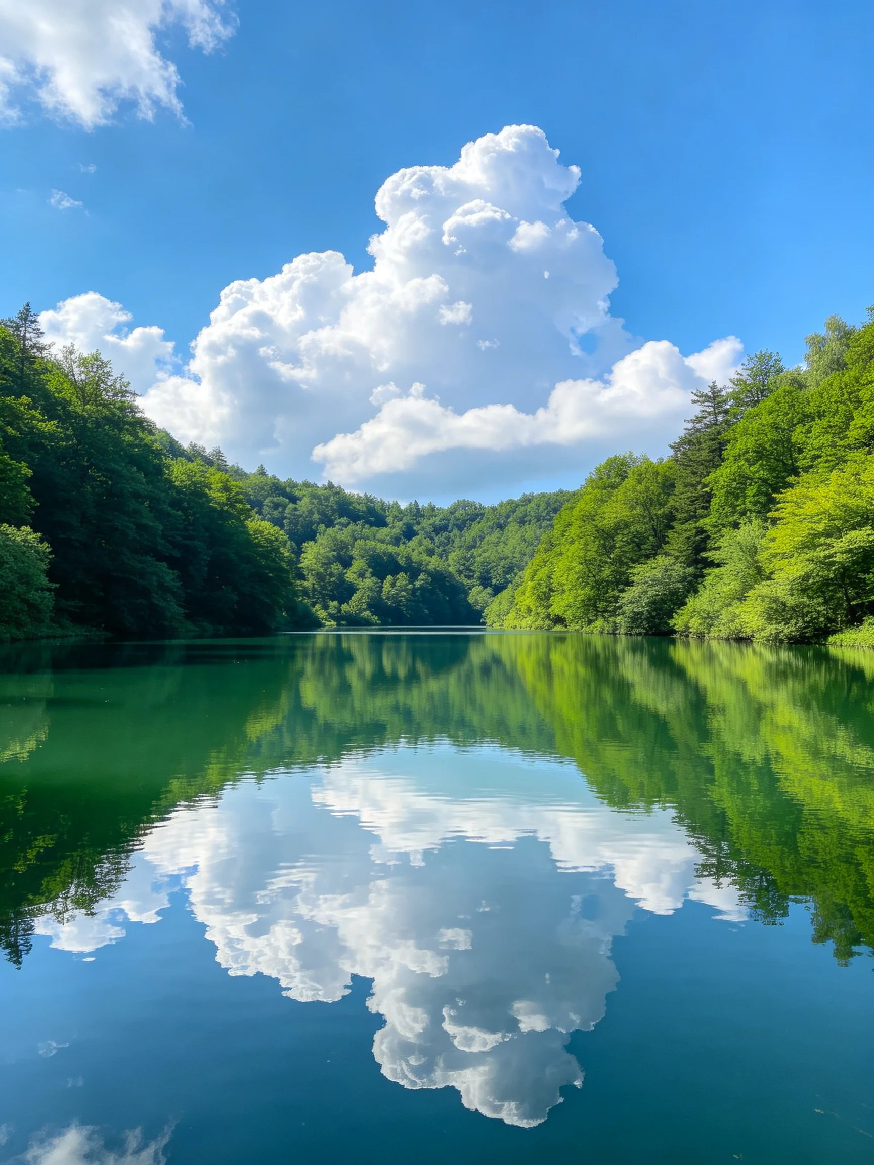 Calm turquoise lake reflects dense green forests and bright blue sky