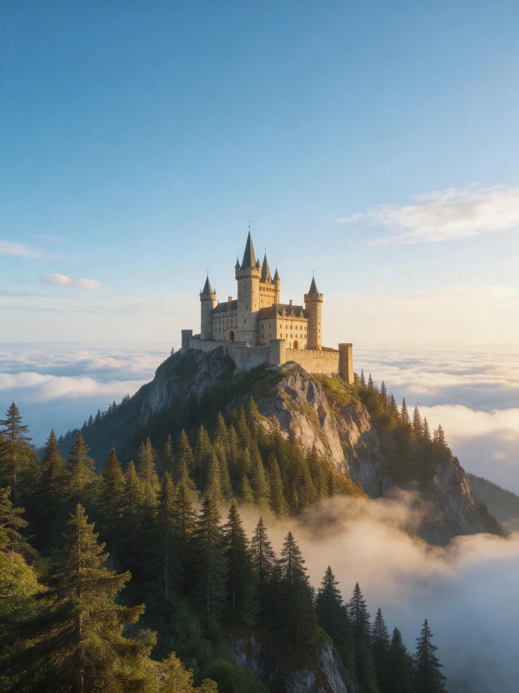 Castle atop rocky hill surrounded by pine forests and clouds