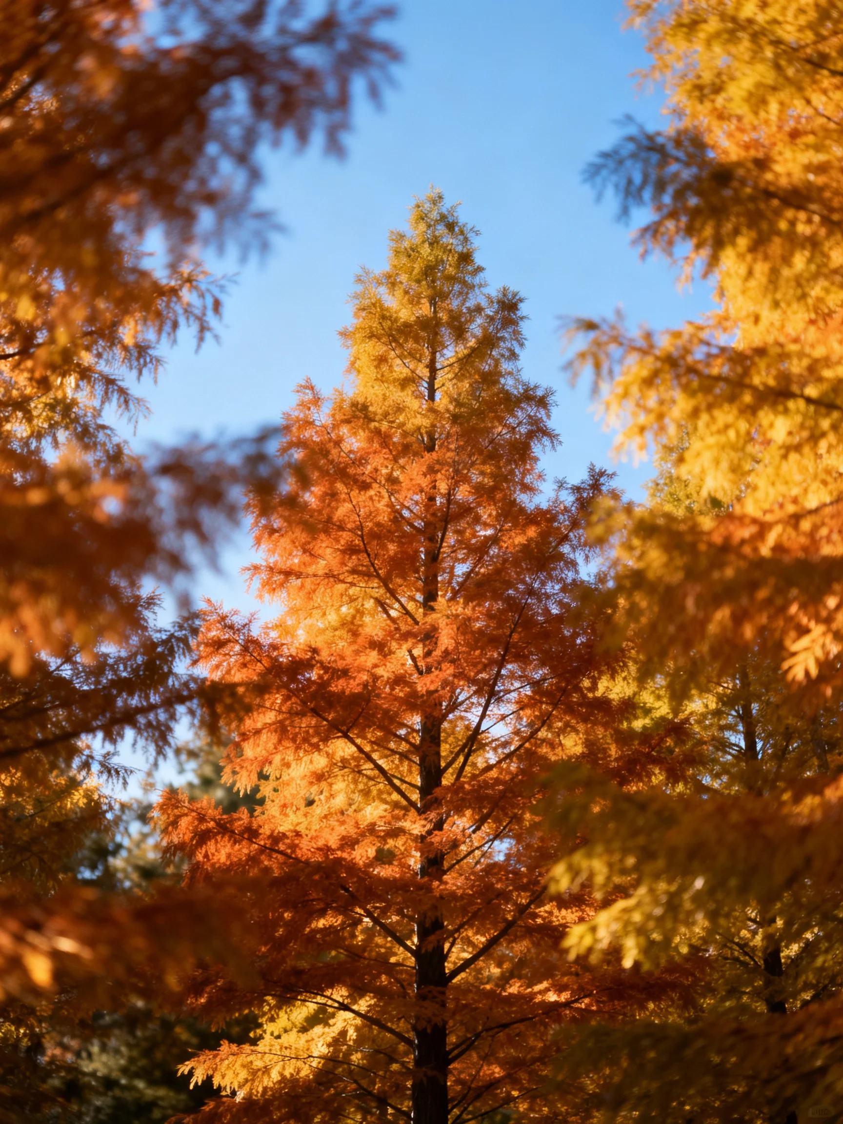 Central tree with orange foliage amid golden and green trees under clear blue sky