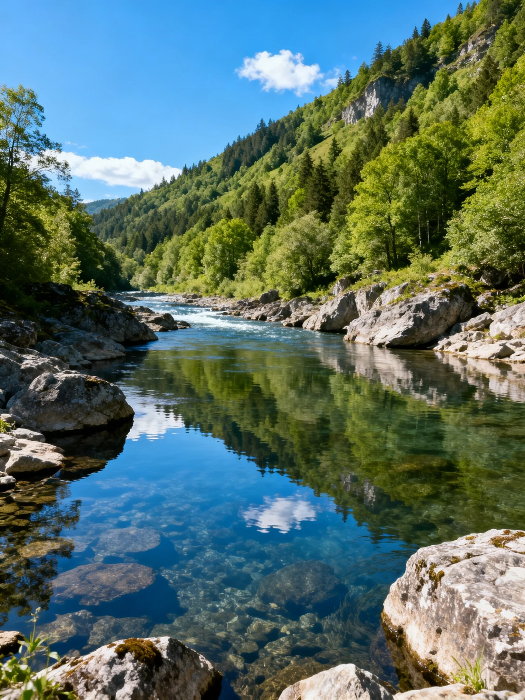 Clear River Reflecting Lush Green Forests Among Rocky Terrain