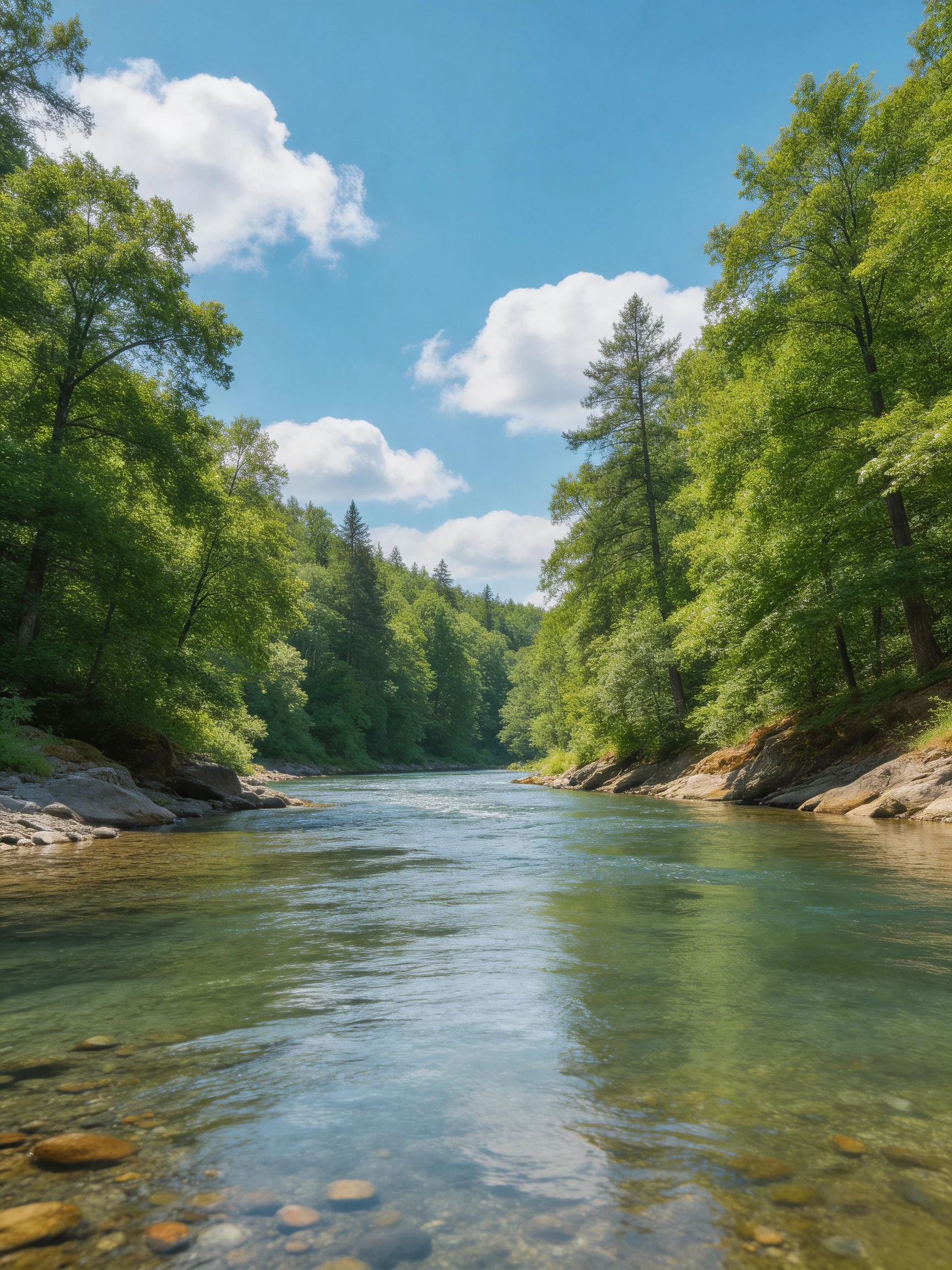 Clear river flows through dense green forest under bright blue sky