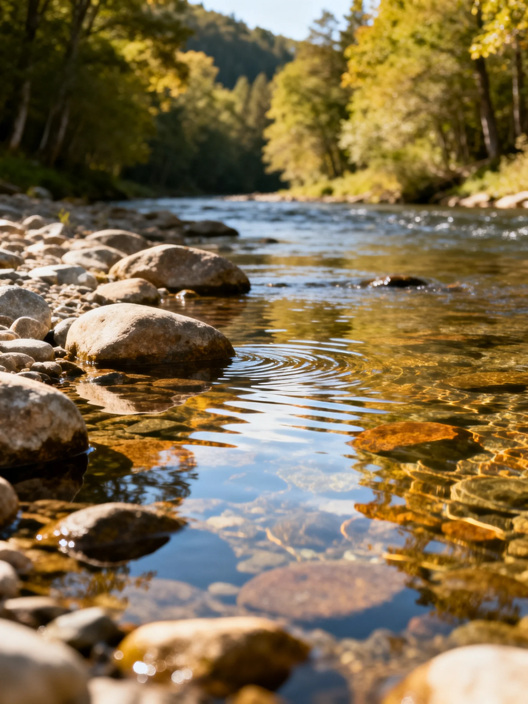 Clear river with smooth stones, golden foliage, and rippling water