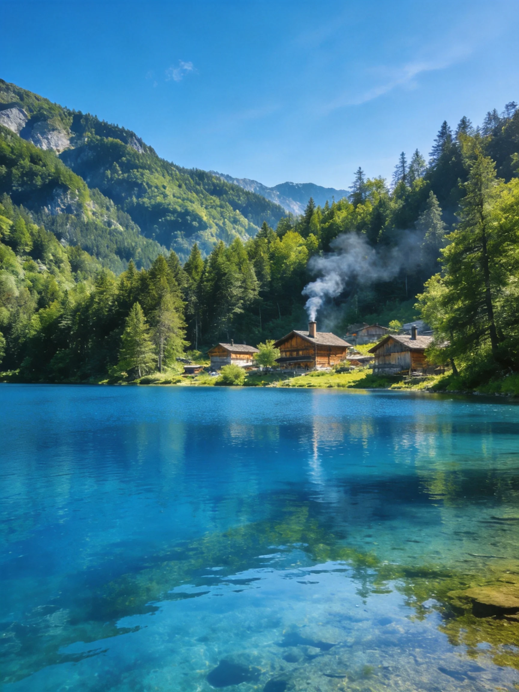 Clear turquoise lake beside rustic wooden cabins near lush green mountains