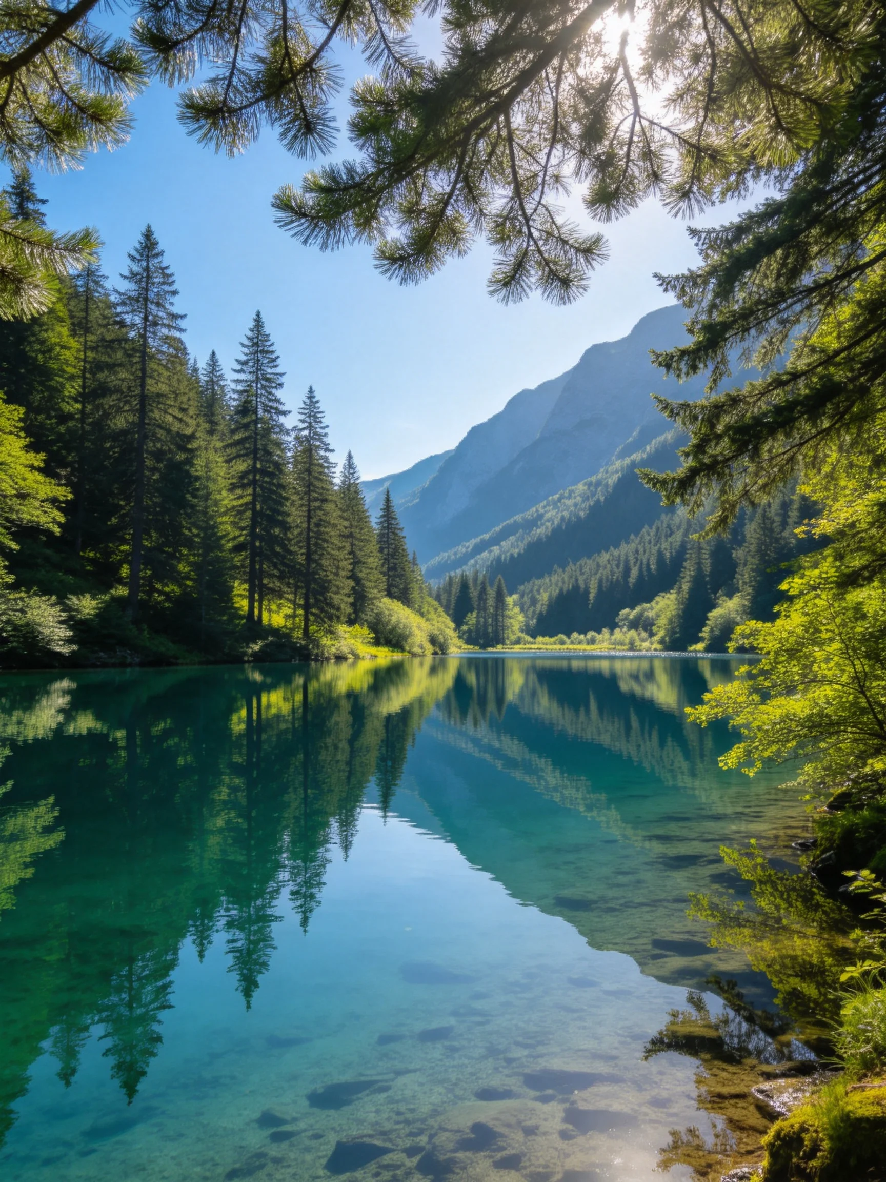 Clear turquoise lake reflects dense evergreen forests and mountain peaks under sunny skies.