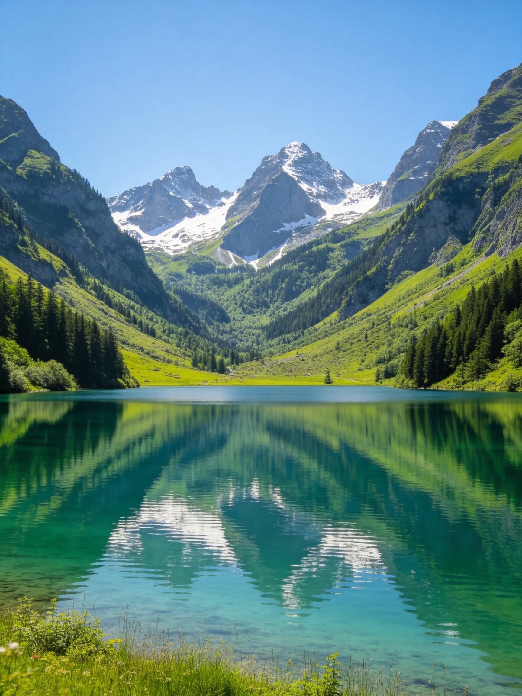 Clear turquoise lake surrounded by green mountains with snow - capped peaks