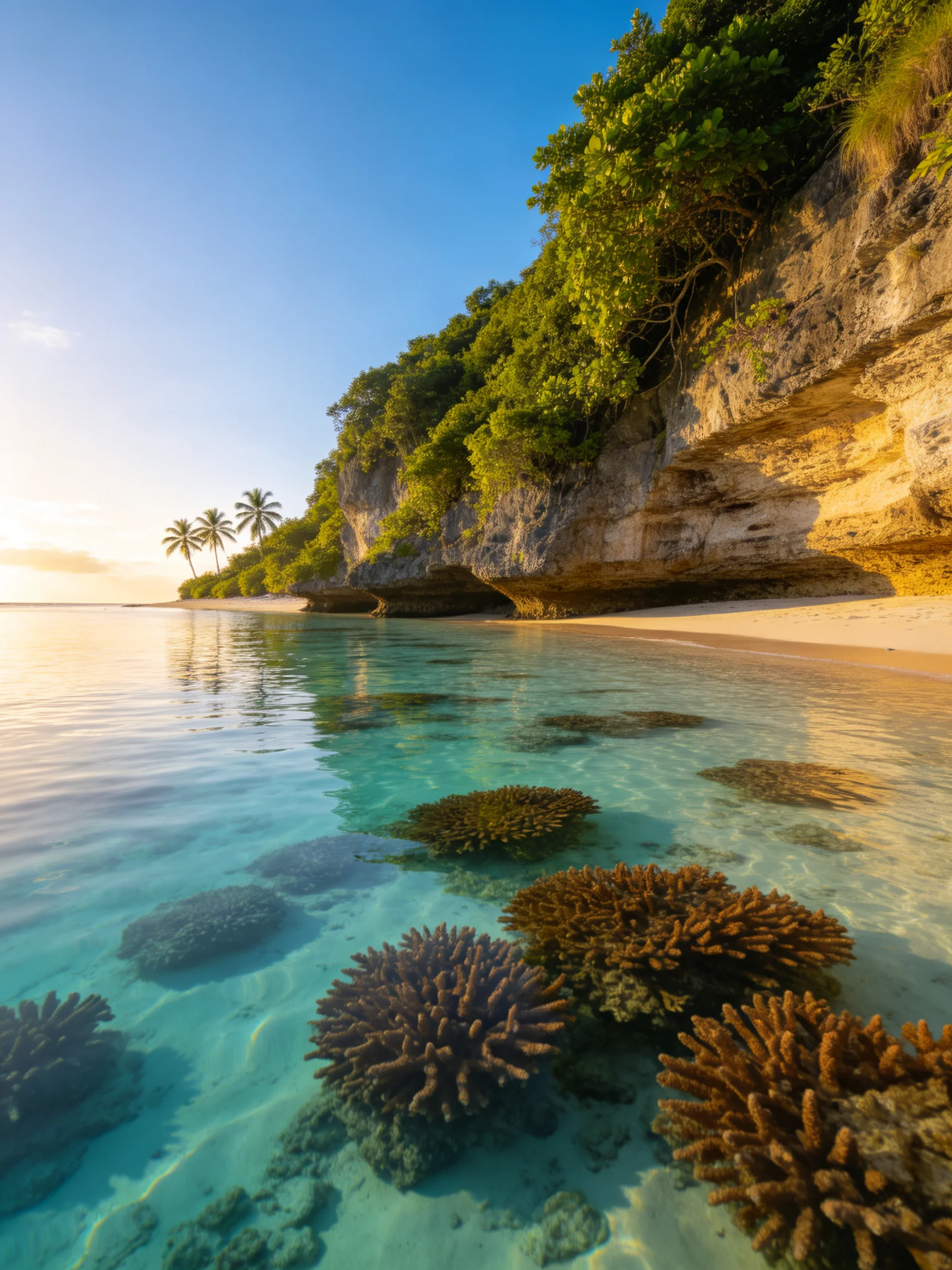 Clear turquoise waters reveal coral reefs near rocky cliffs and sandy shores