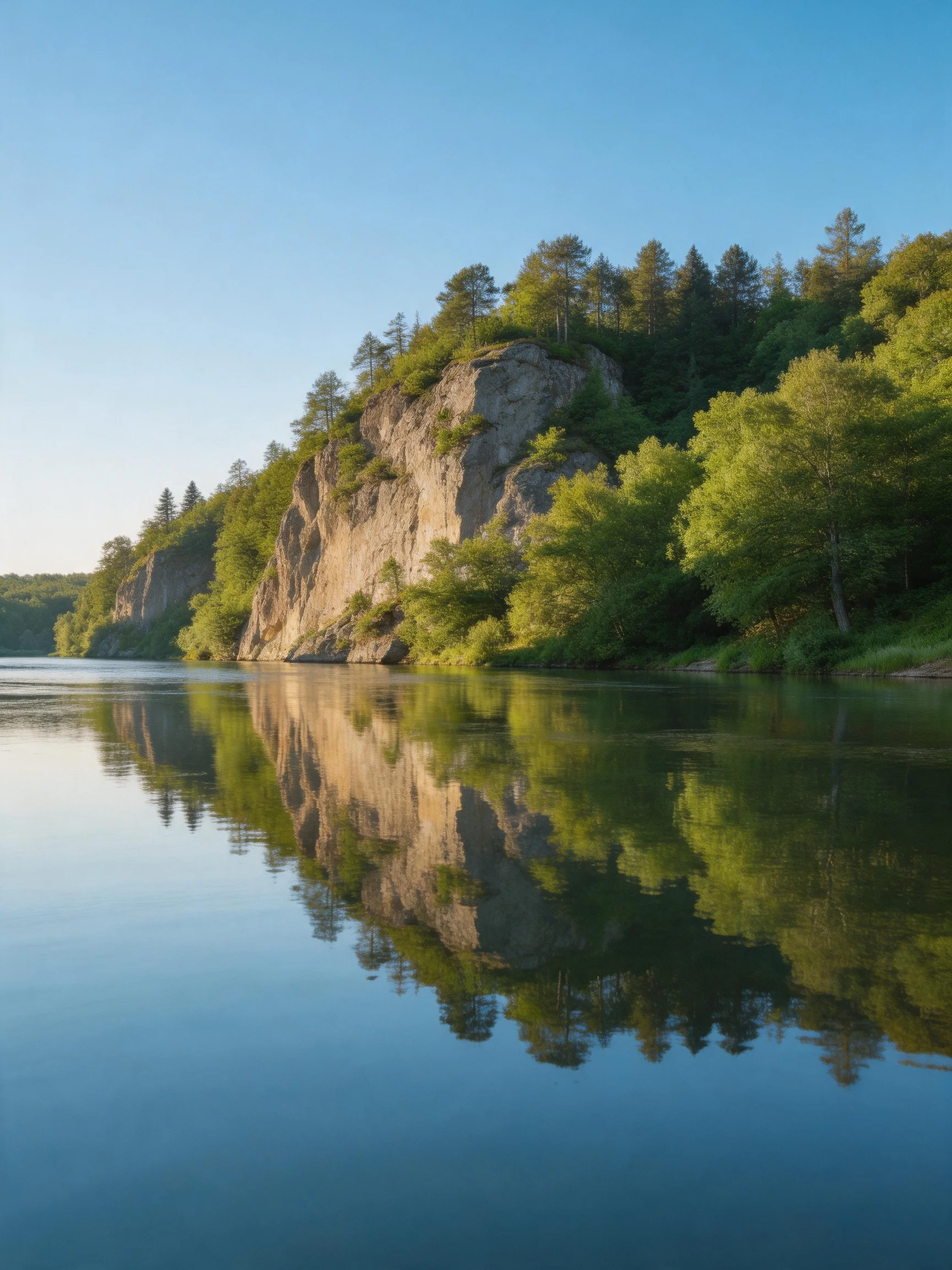 Cliffside forest reflected in calm blue river waters