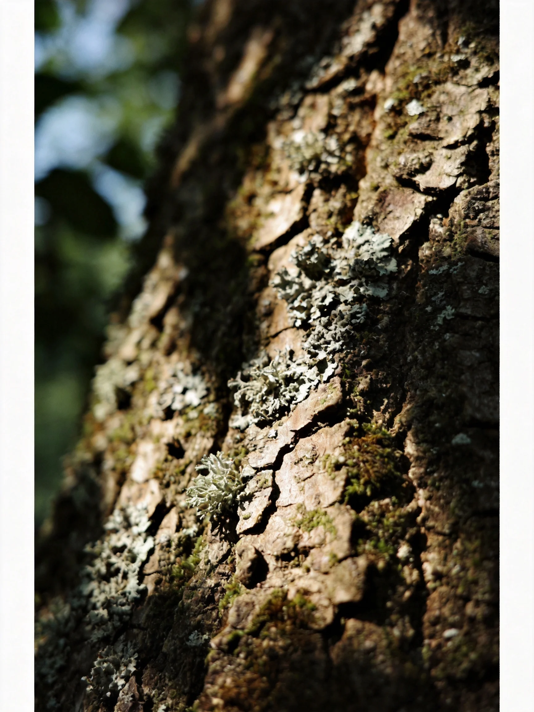 Close - up of a tree trunk with rough bark, white lichen patches, and green moss