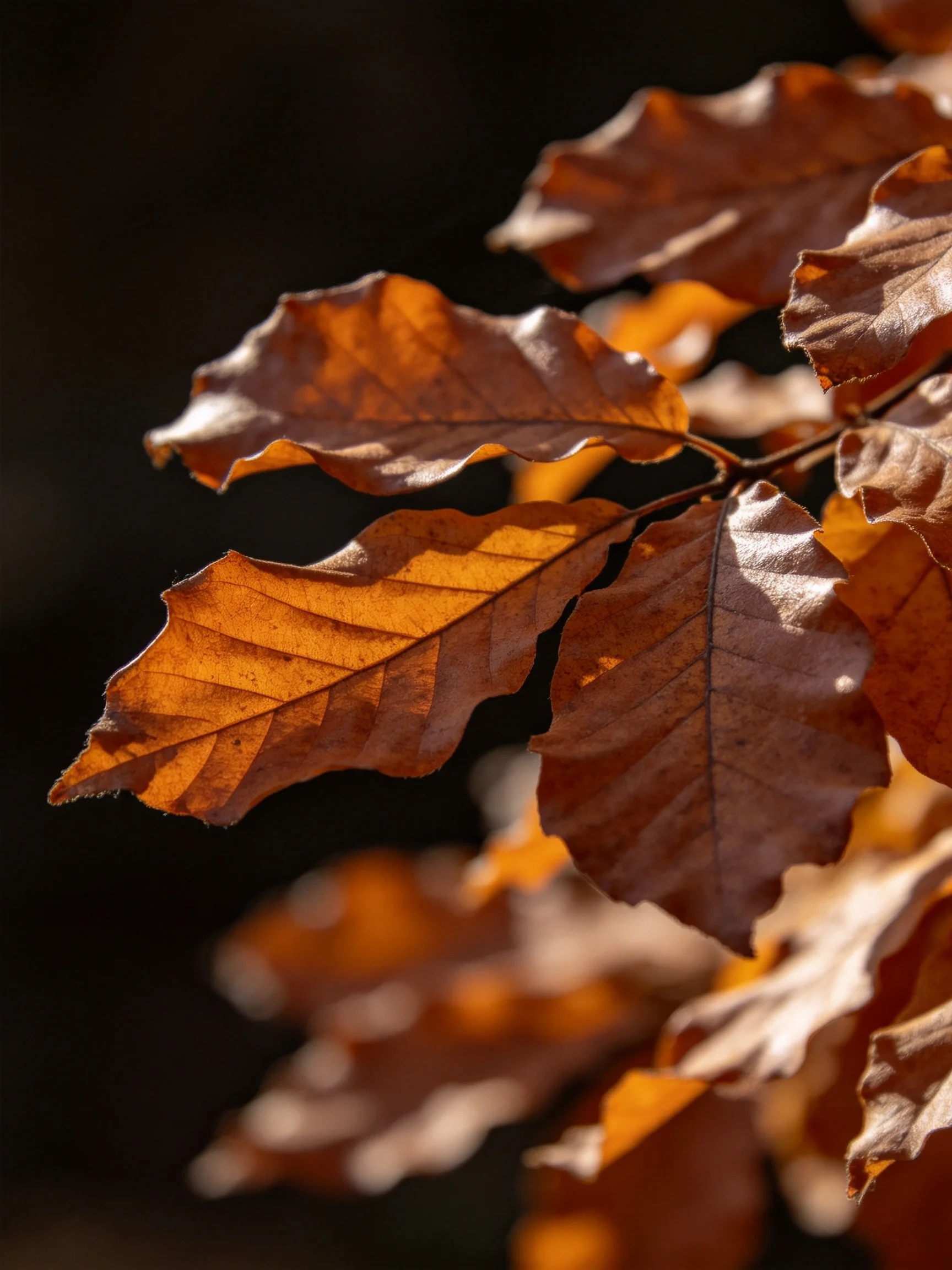 Close - up of golden - hued autumn leaves with dramatic lighting