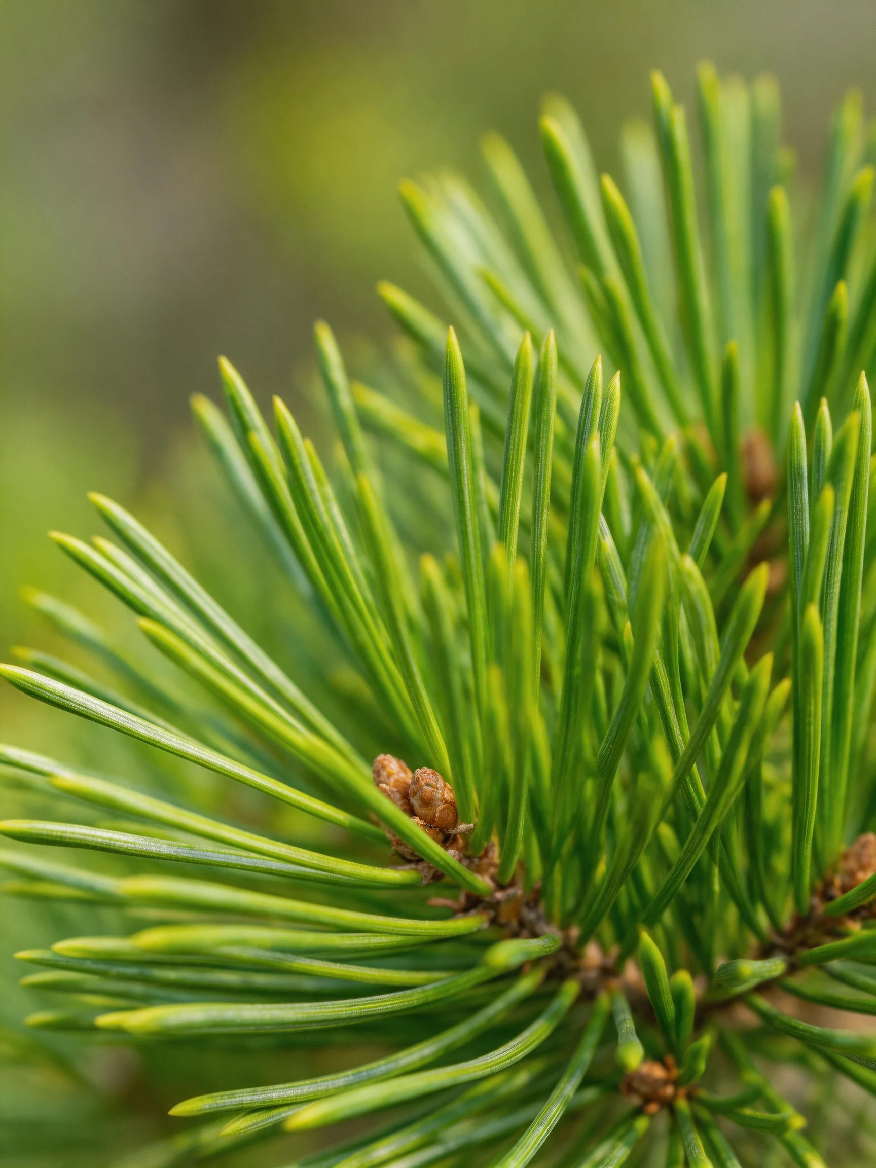 Close - up of green pine needles with small brown buds