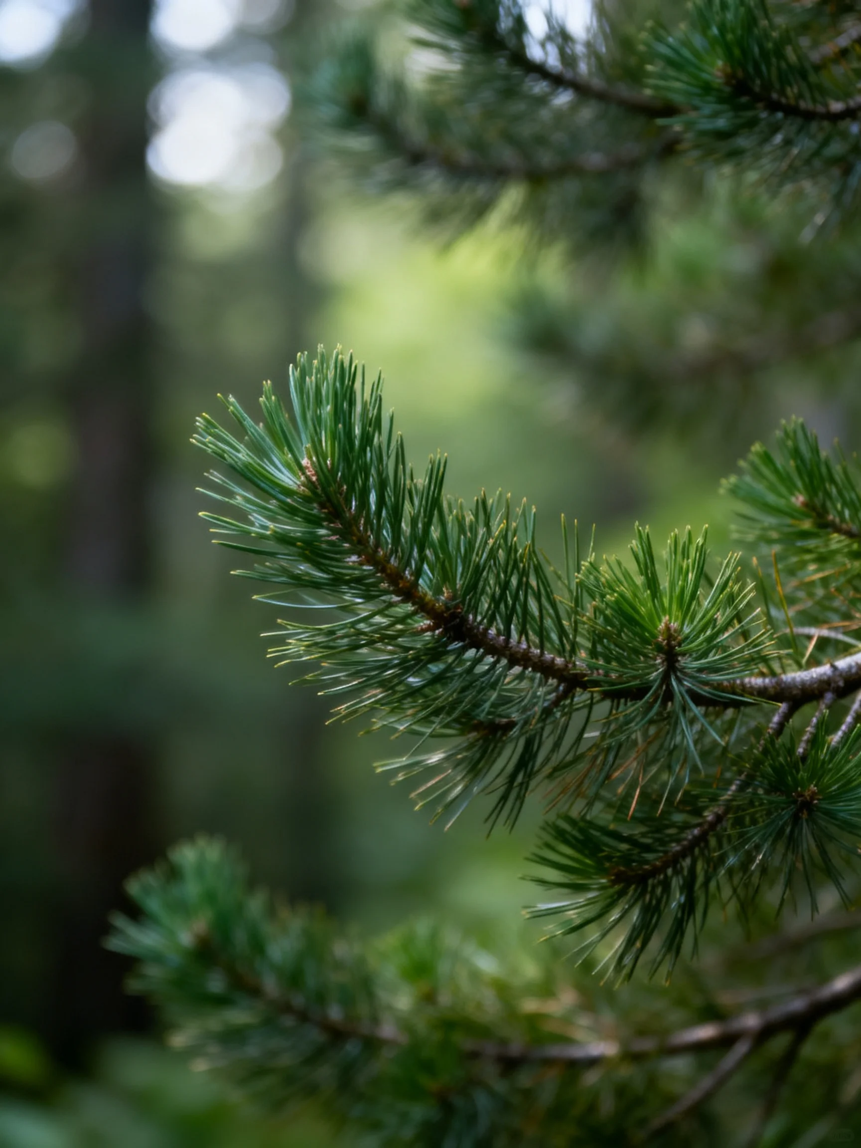 Close - up of vibrant green pine branches in a blurred forest