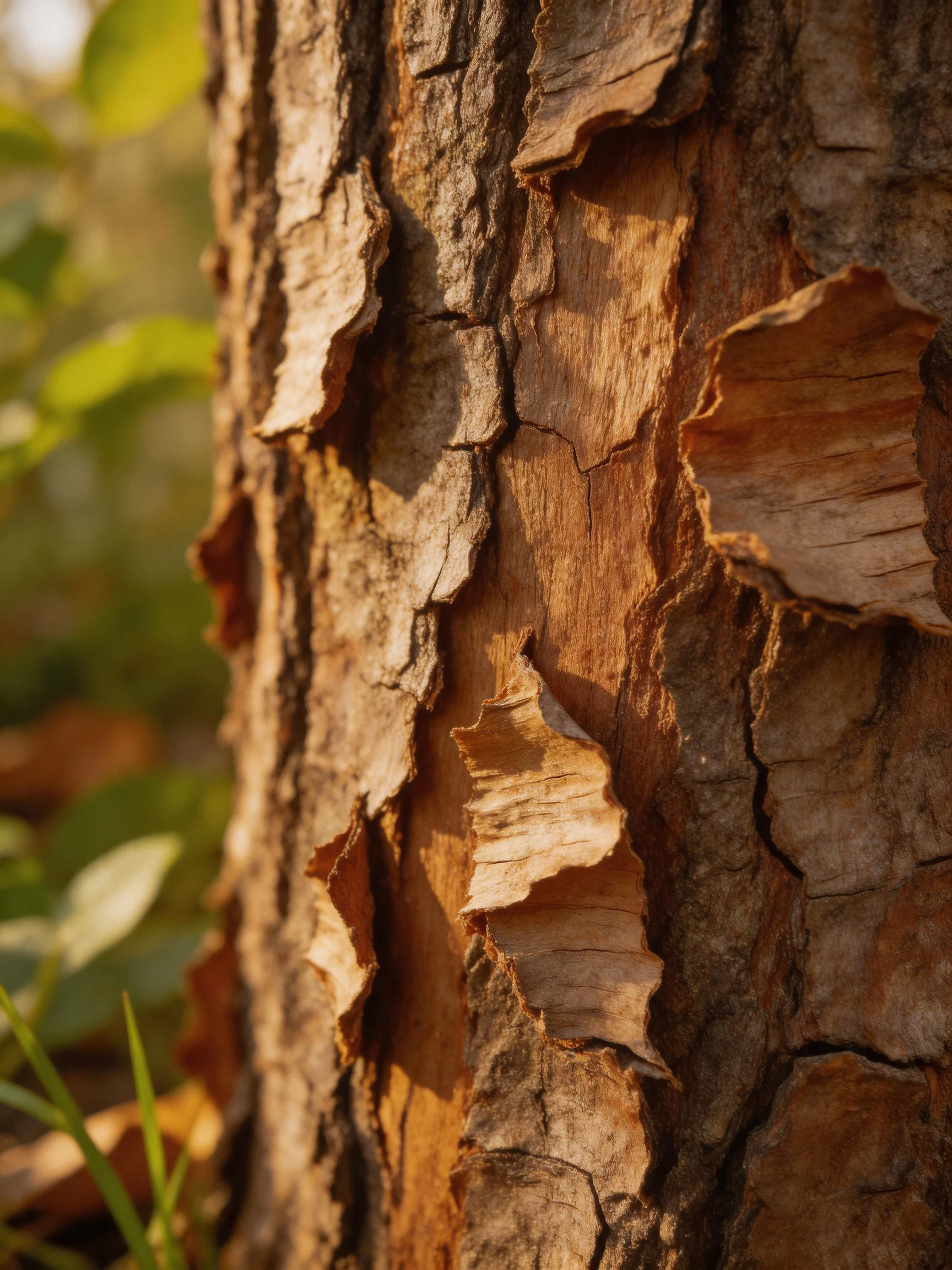 Close-up of a tree trunk with peeling textured bark