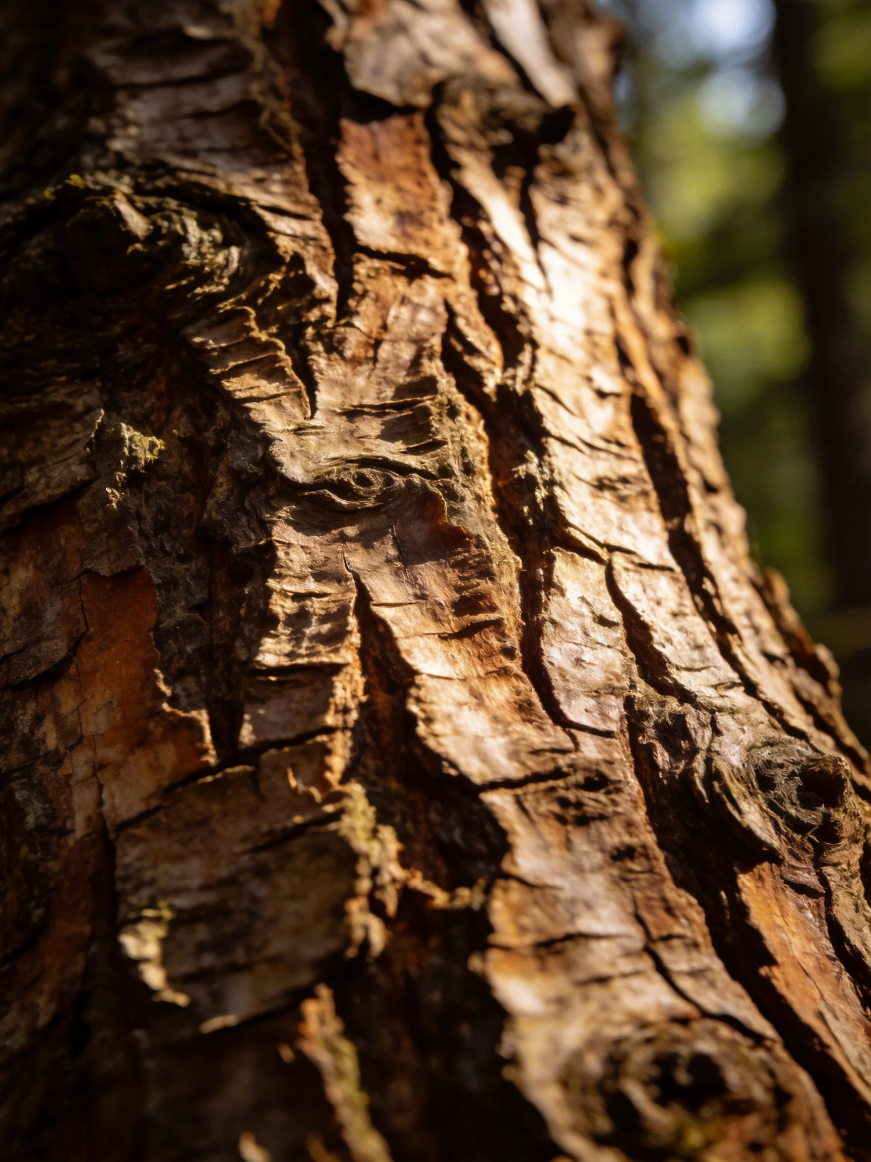 Close-up of rugged brown tree bark with natural grooves