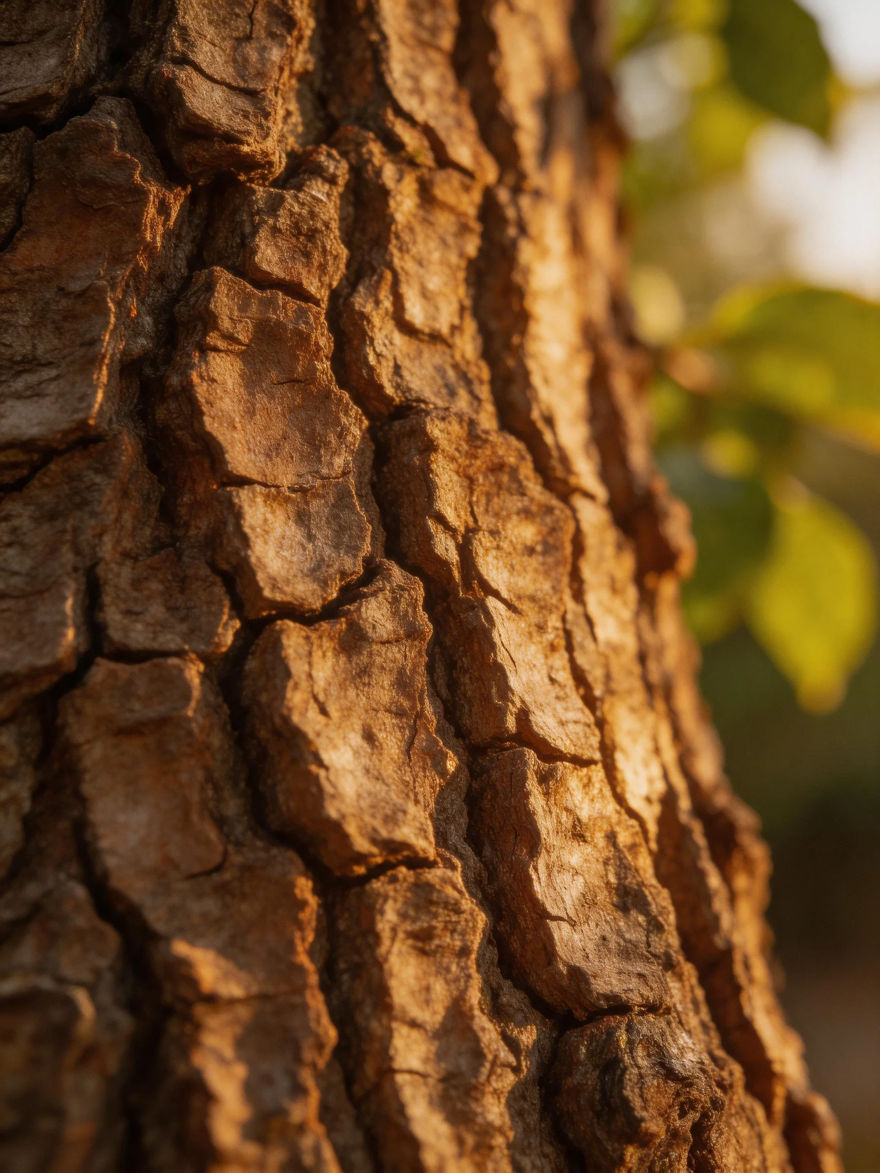 Close-up of textured brown tree bark with blurred green foliage