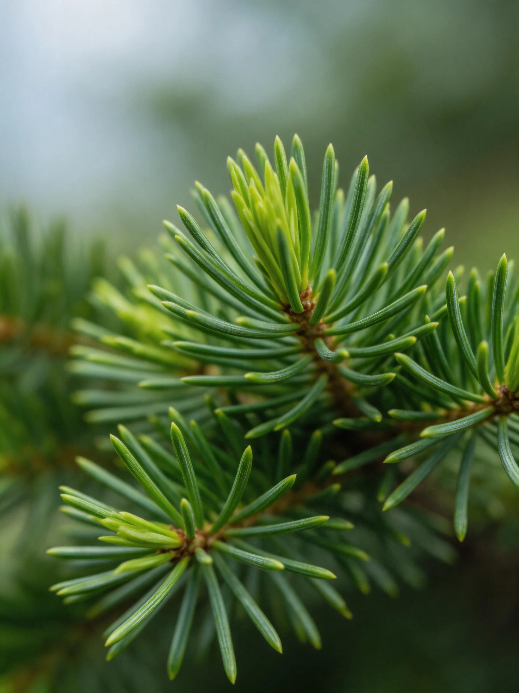 Close-up of vibrant green pine needles with soft blurred background