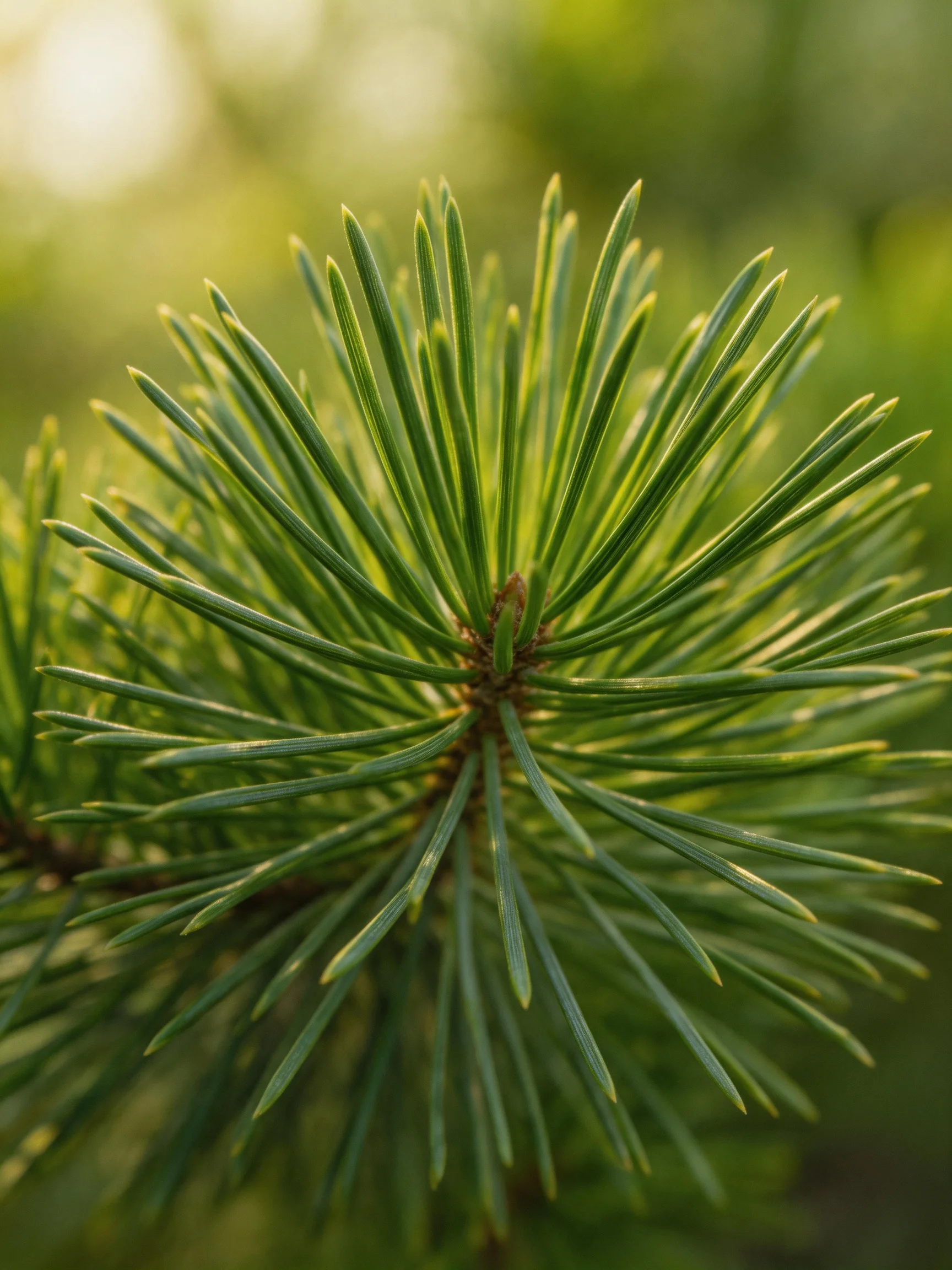 Close-up of vibrant green pine needles with soft natural lighting