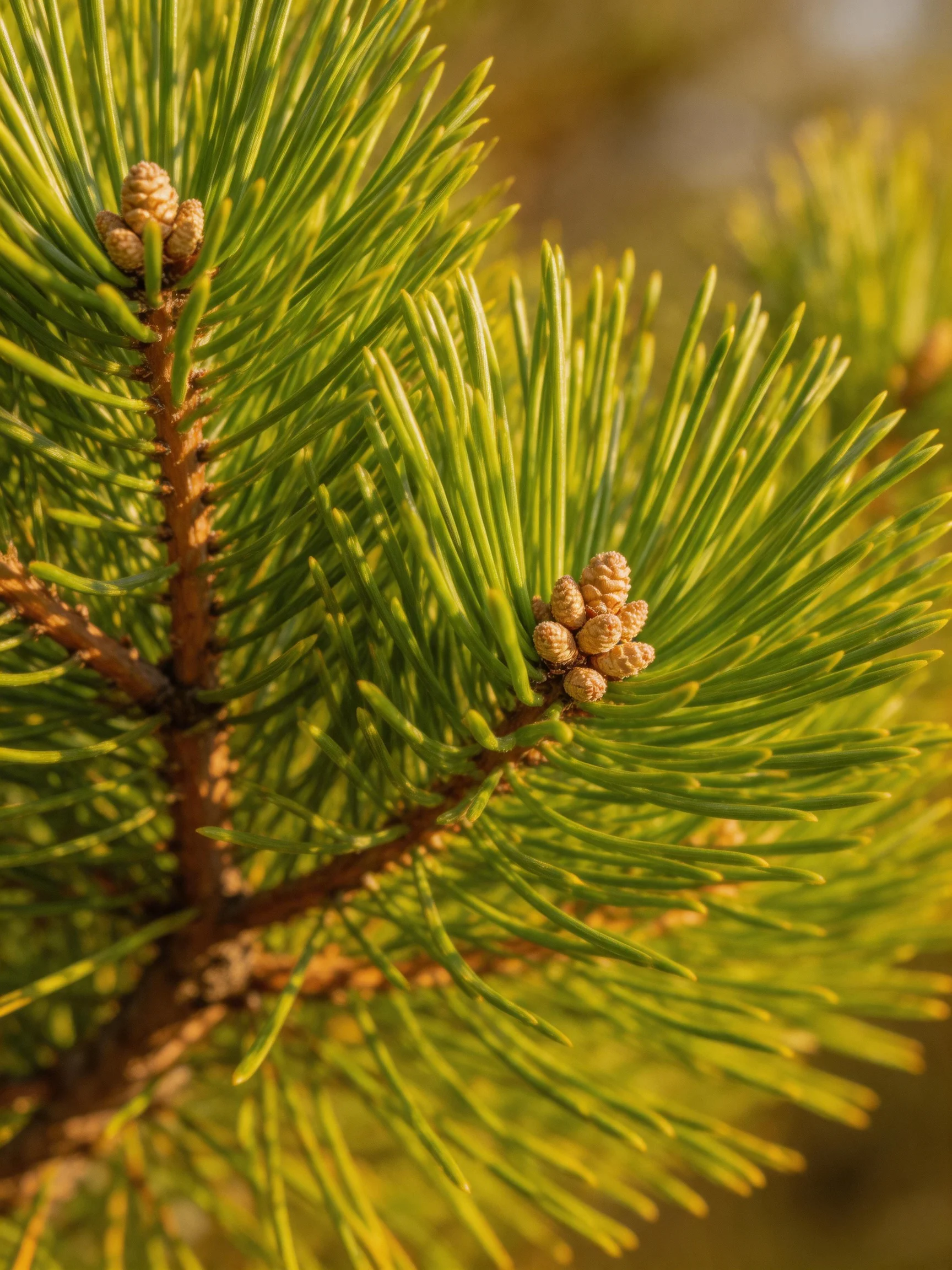 Close-up of vibrant pine needles with small brown cones