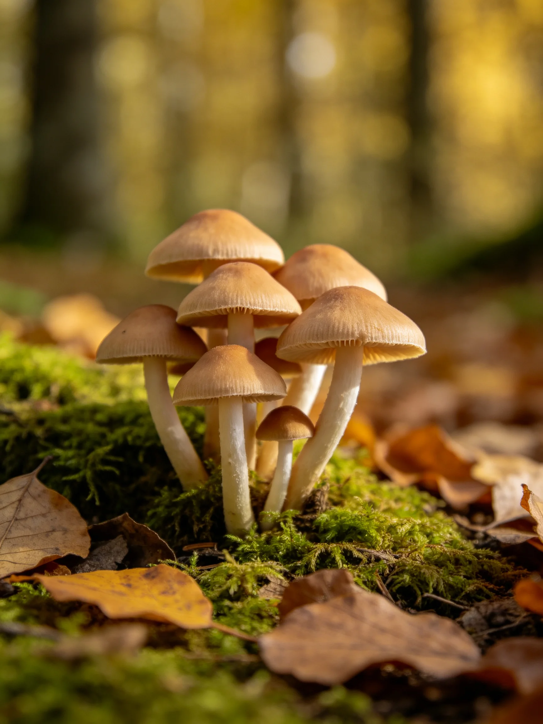 Cluster of six brown-capped mushrooms amid green moss and fallen leaves