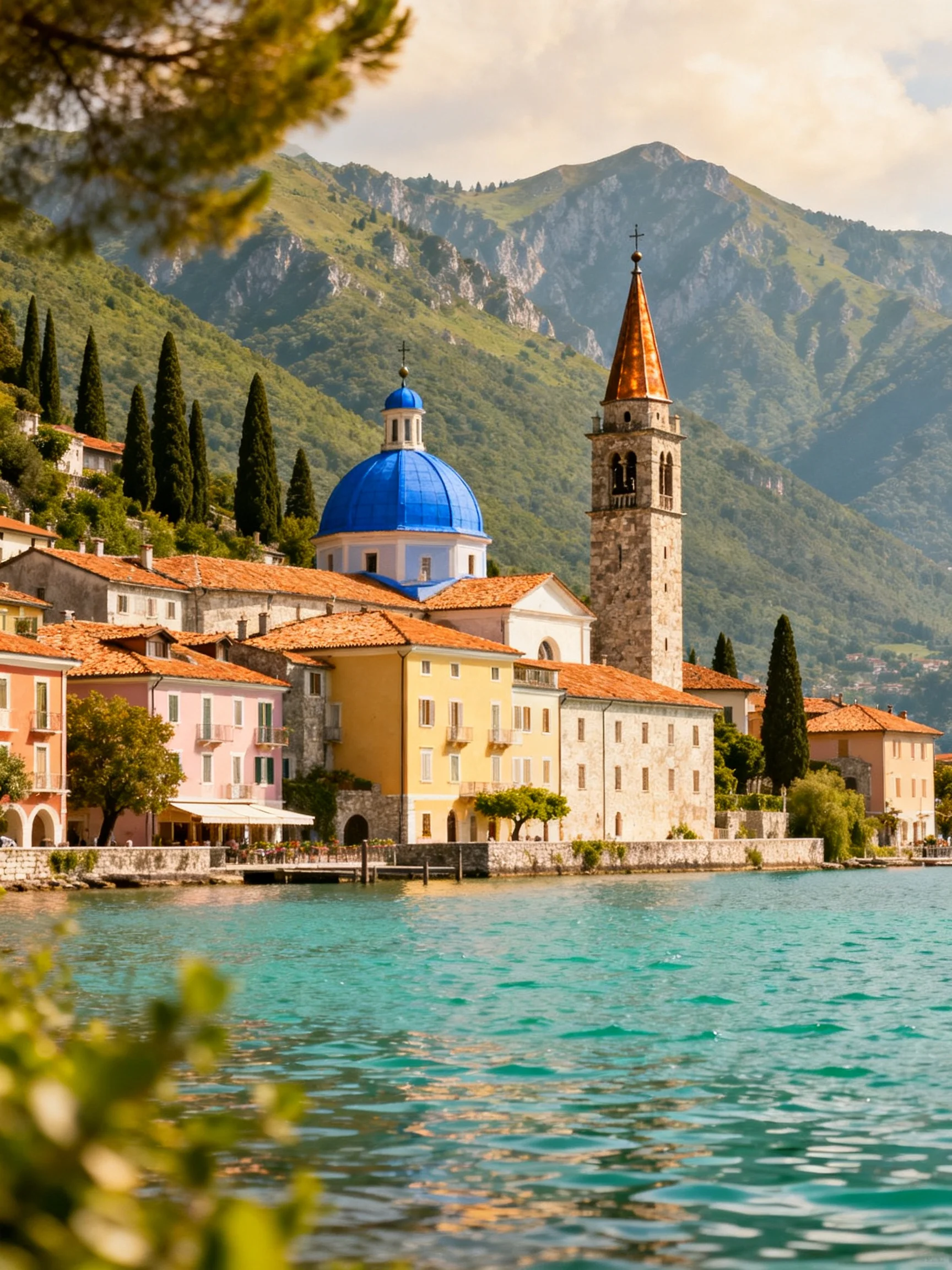 Colorful Lakeside Village with Blue Dome, Stone Tower, and Green Mountains