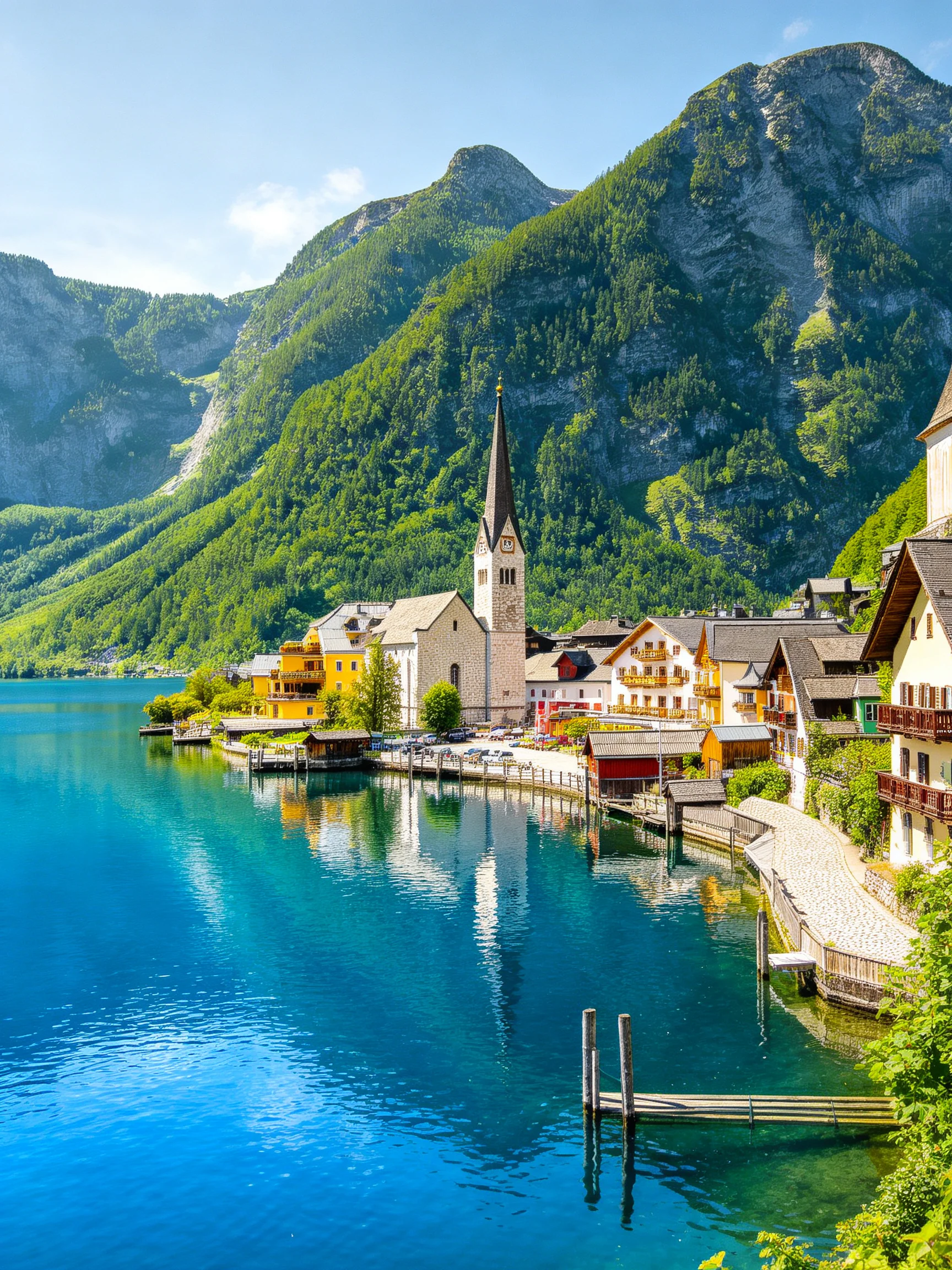 Colorful alpine village by turquoise lake with lush green mountains