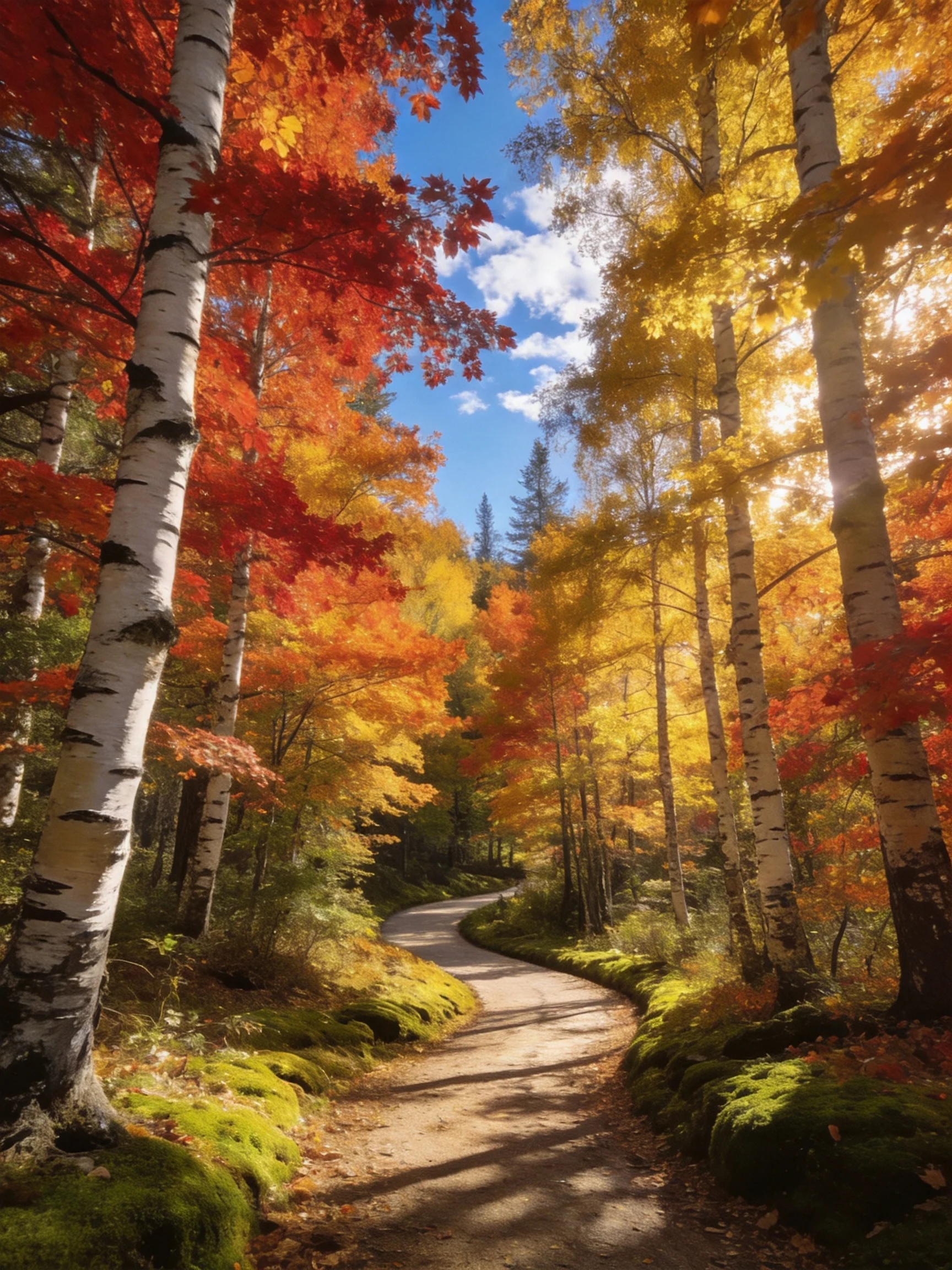Colorful autumn forest with winding dirt path and birch trees