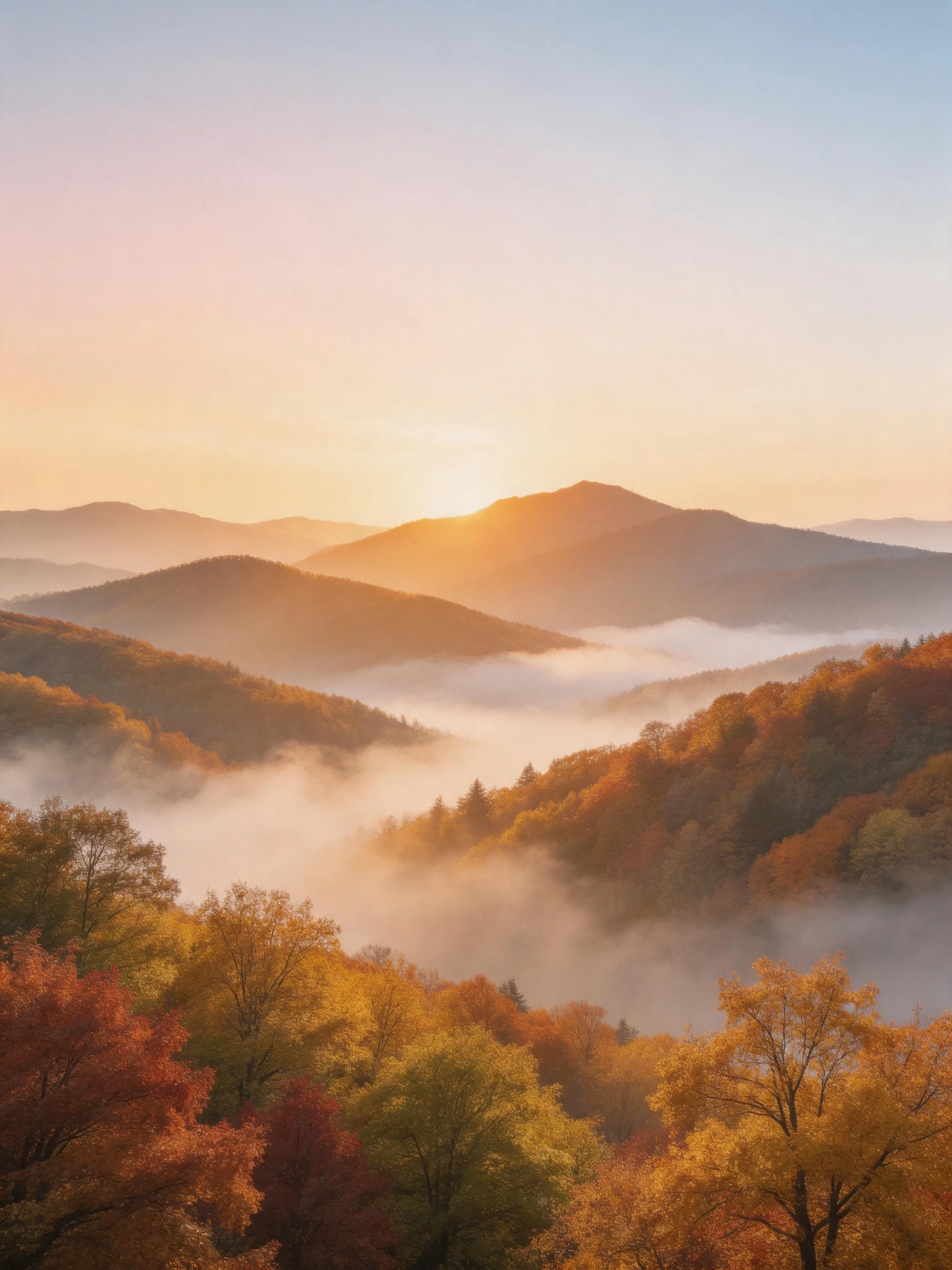 Colorful autumn mountain landscape with morning mist