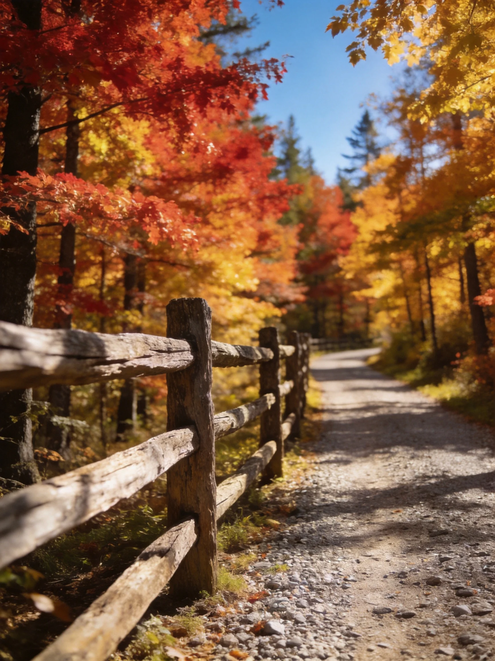 Colorful autumn trees border a gravel path with a wooden fence