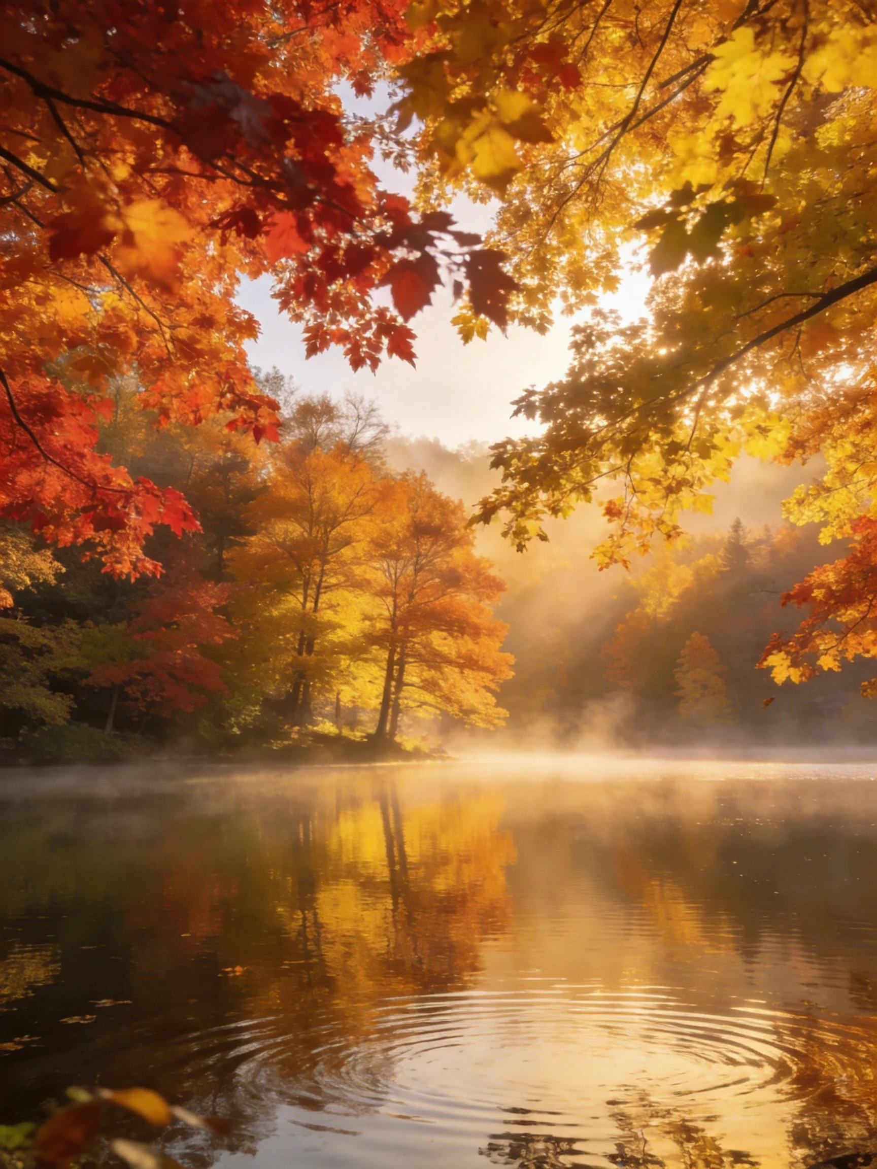 Colorful autumn trees frame a misty lakeside scene