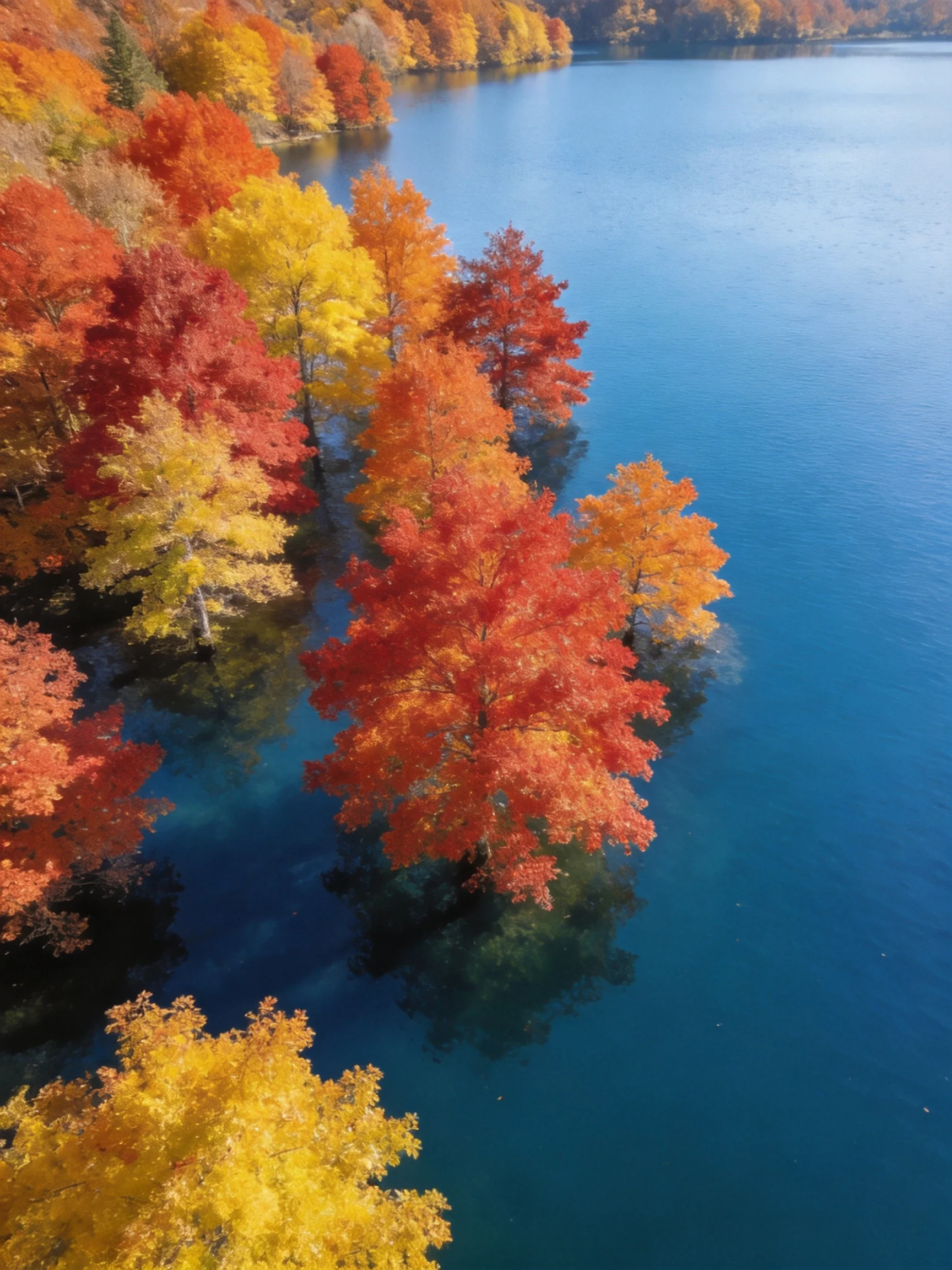 Colorful autumn trees in diverse hues border a serene blue lake