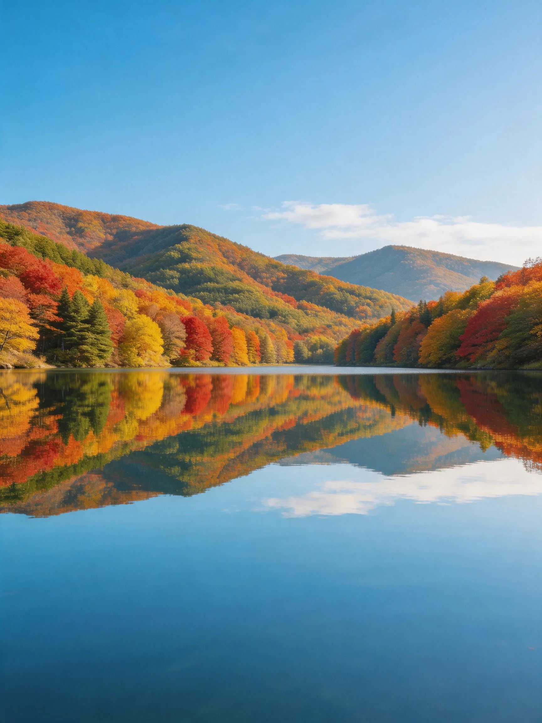 Colorful autumn trees reflect in calm lake near mountainous backdrop